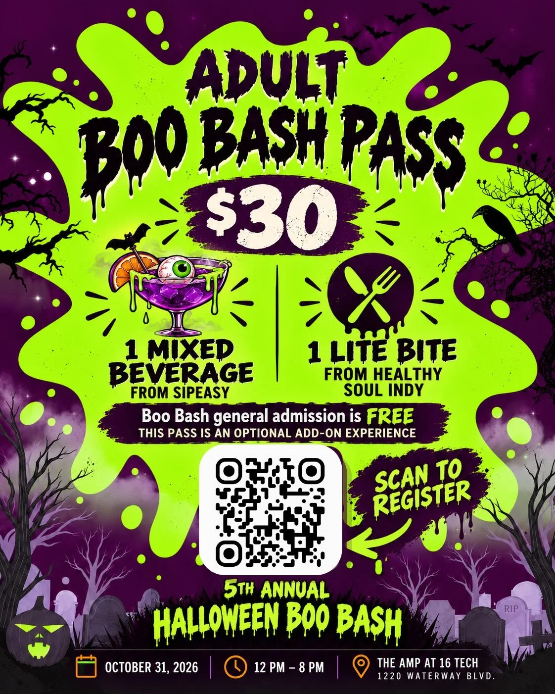 🍸👻 SIP, SNACK &amp; GET YOUR SPOOK ON! 💜✨

Calling all grown-up ghouls! Who says the kids get to have all the Halloween fun?! 👀🎃

Treat yourself to a little something extra at this year&rsquo;s Boo Bash with our $30 Adult Boo Bash Pass! 🖤

🍹 1