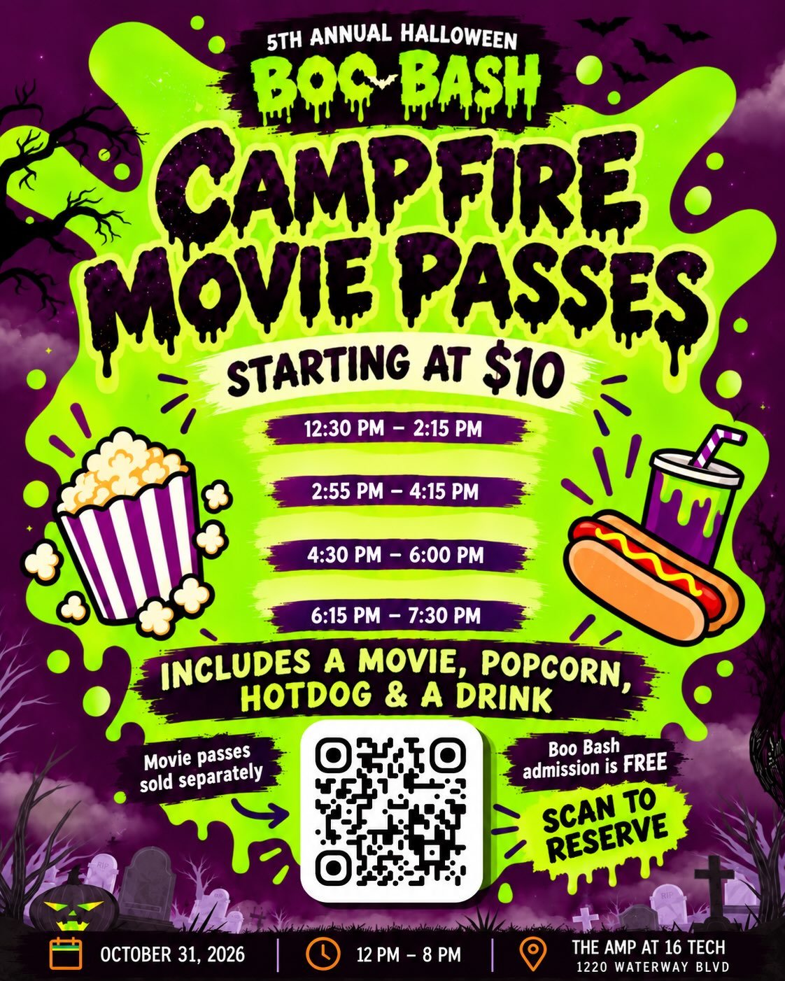 🎬🍿 LIGHTS, CAMERA&hellip; BOO BASH! 👻🎃

Who&rsquo;s ready for a SPOOKTACULAR movie experience?! 🍿✨

Grab your Campfire Movie Pass, starting at just $10, and enjoy a Halloween movie along with some tasty treats!

🎟️ Your movie pass includes:

🍿