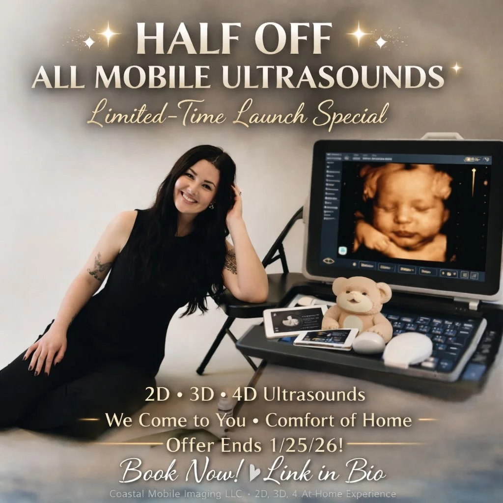 ✨ LAUNCH SPECIAL ✨

Coastal Mobile Imaging LLC is now booking 🤍
For a limited time, enjoy 50% OFF all mobile ultrasound sessions &mdash; because seeing your baby should be special and comfortable.

👶 2D &bull; 3D &bull; 4D keepsake ultrasounds
🚐 W