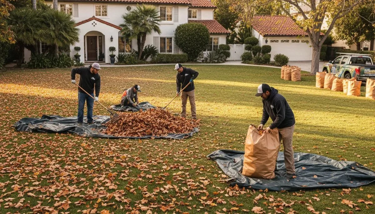 Four workers raking and collecting fallen leaves on a front lawn of a house with trees and a parked vehicle in the background.