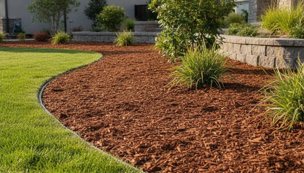 A landscaped garden with a curved brick border, green grass, small shrubs, and mulch surrounding the plants, with a brick retaining wall and house in the background.