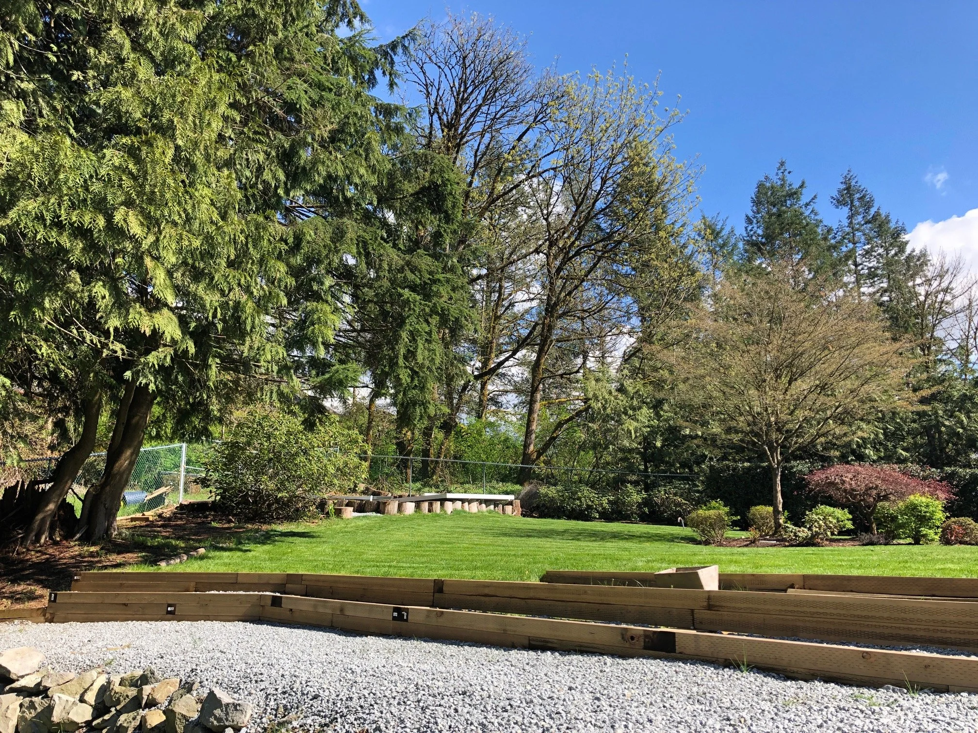 A backyard with lush green grass, various trees, and shrubbery under a blue sky with some clouds, edged with gravel and wooden railroad ties.