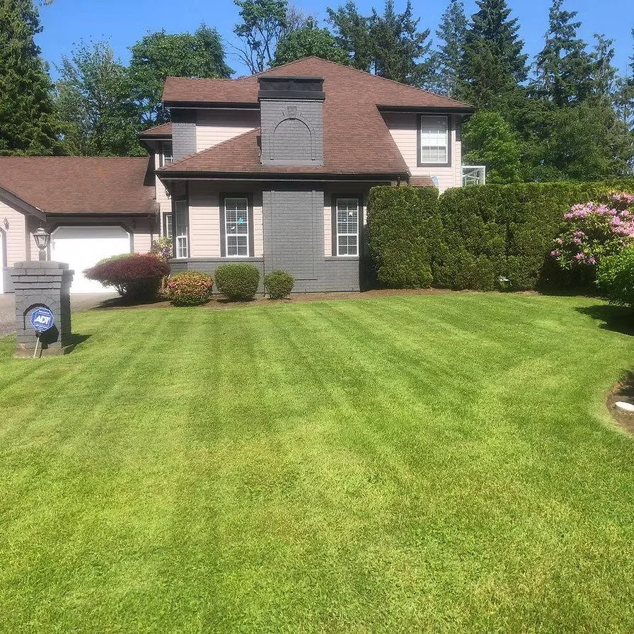 Front yard of a two-story house with a well-maintained, striped green lawn, shrubs, and trees in the background.