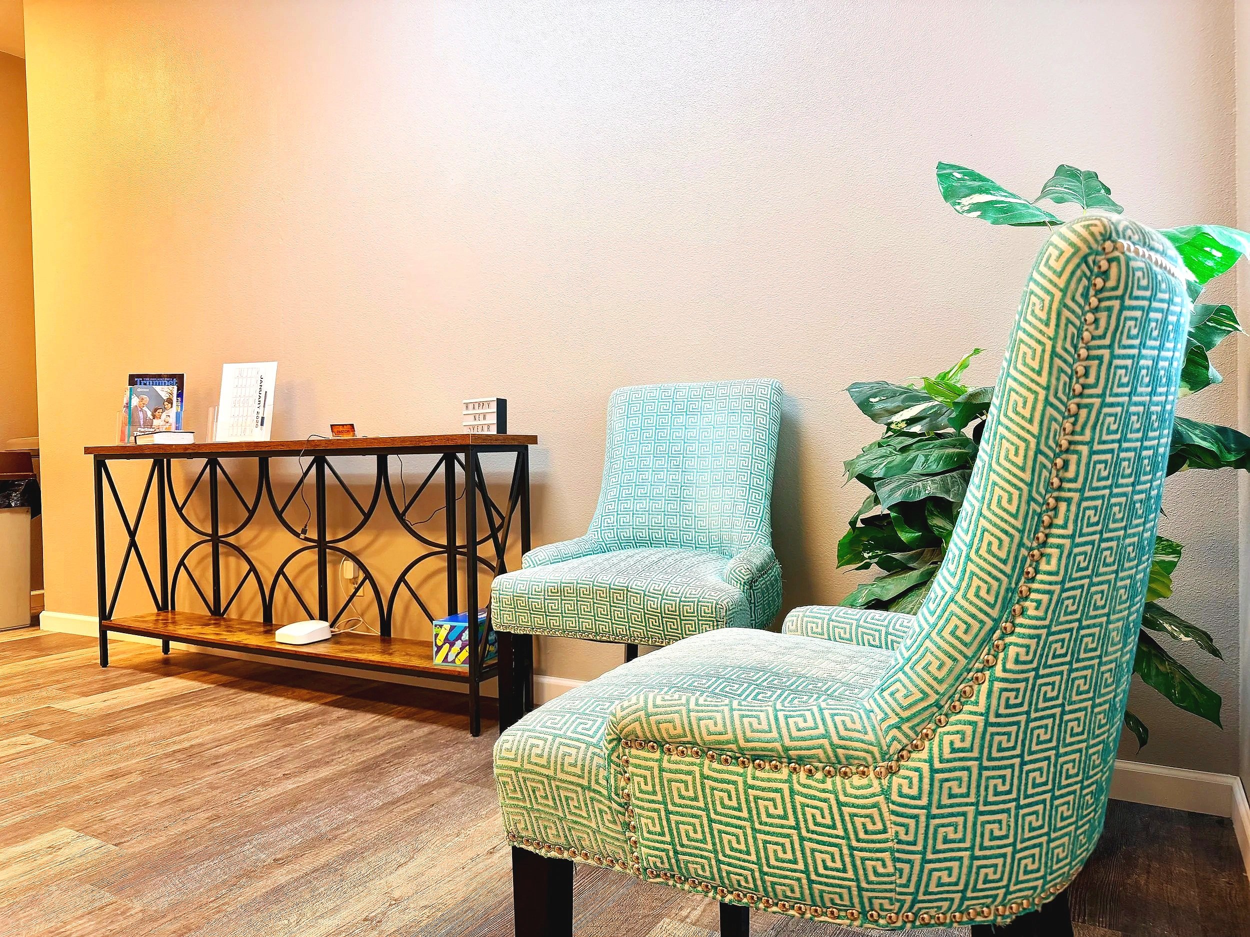 A waiting room with two patterned chairs, a wooden table with black metal legs, a small green decorative box, a white router, and a few decorative items on the table. A large green plant is in the background, and the room has wooden flooring and a plain white wall.