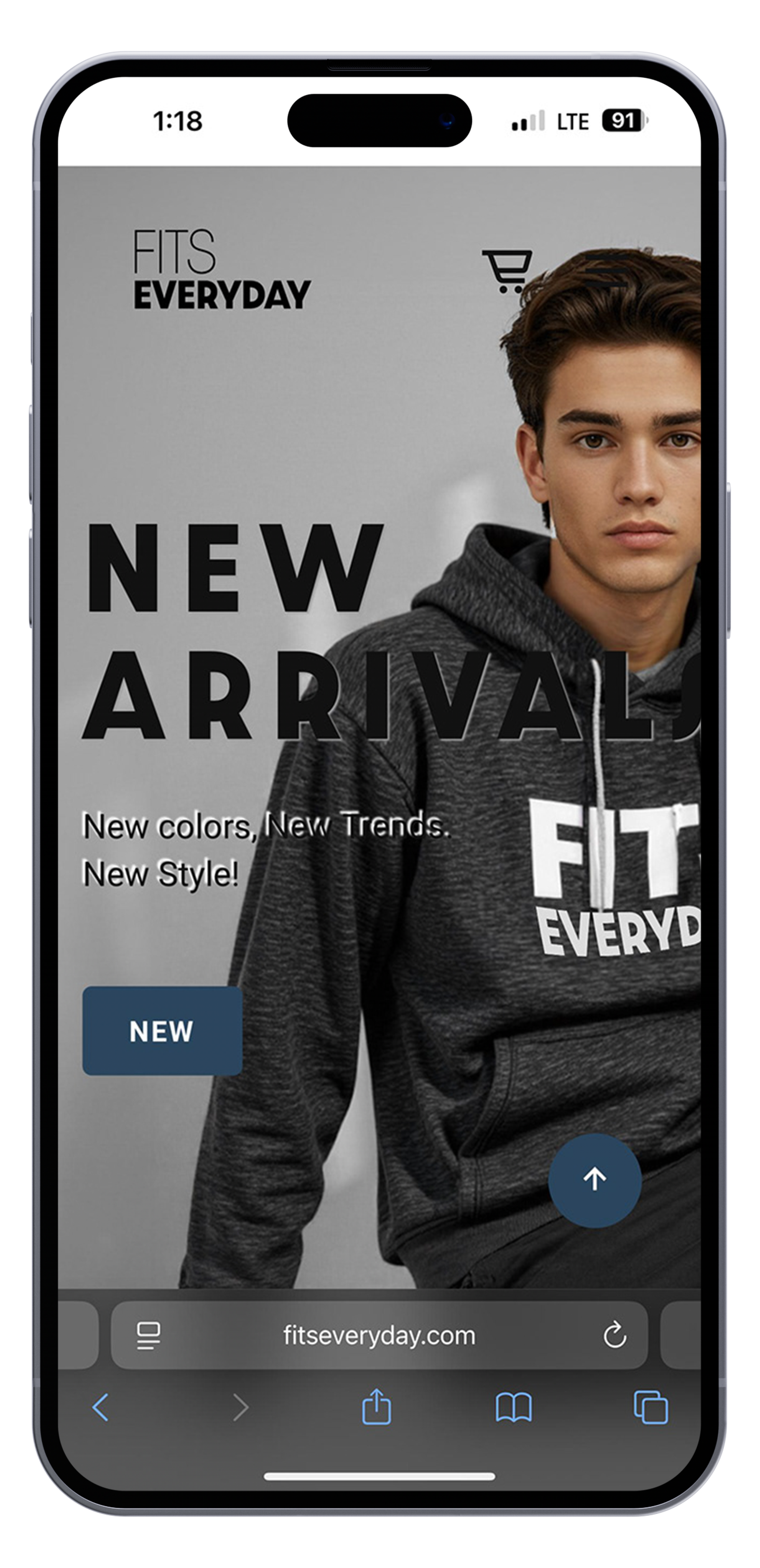 Mobile website showing a man wearing a gray hoodie with 'FITS EVERYDAY' text, promoting new arrivals with a 'NEW' button and a URL at the bottom.