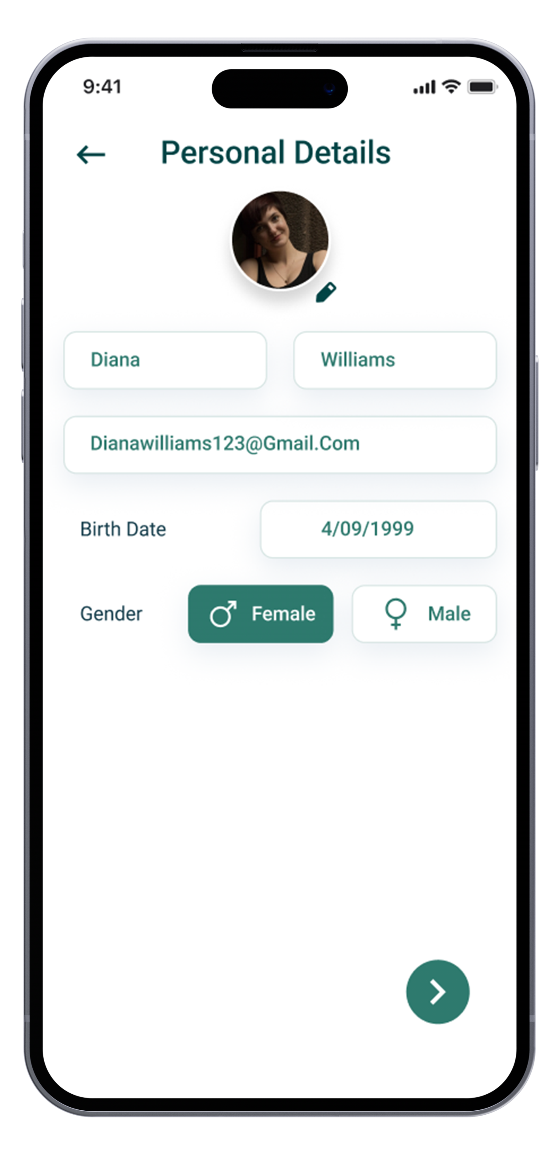 Mobile app screen displaying personal details form with a profile picture, name "Diana Williams," email address, birth date, and gender options as female or male.