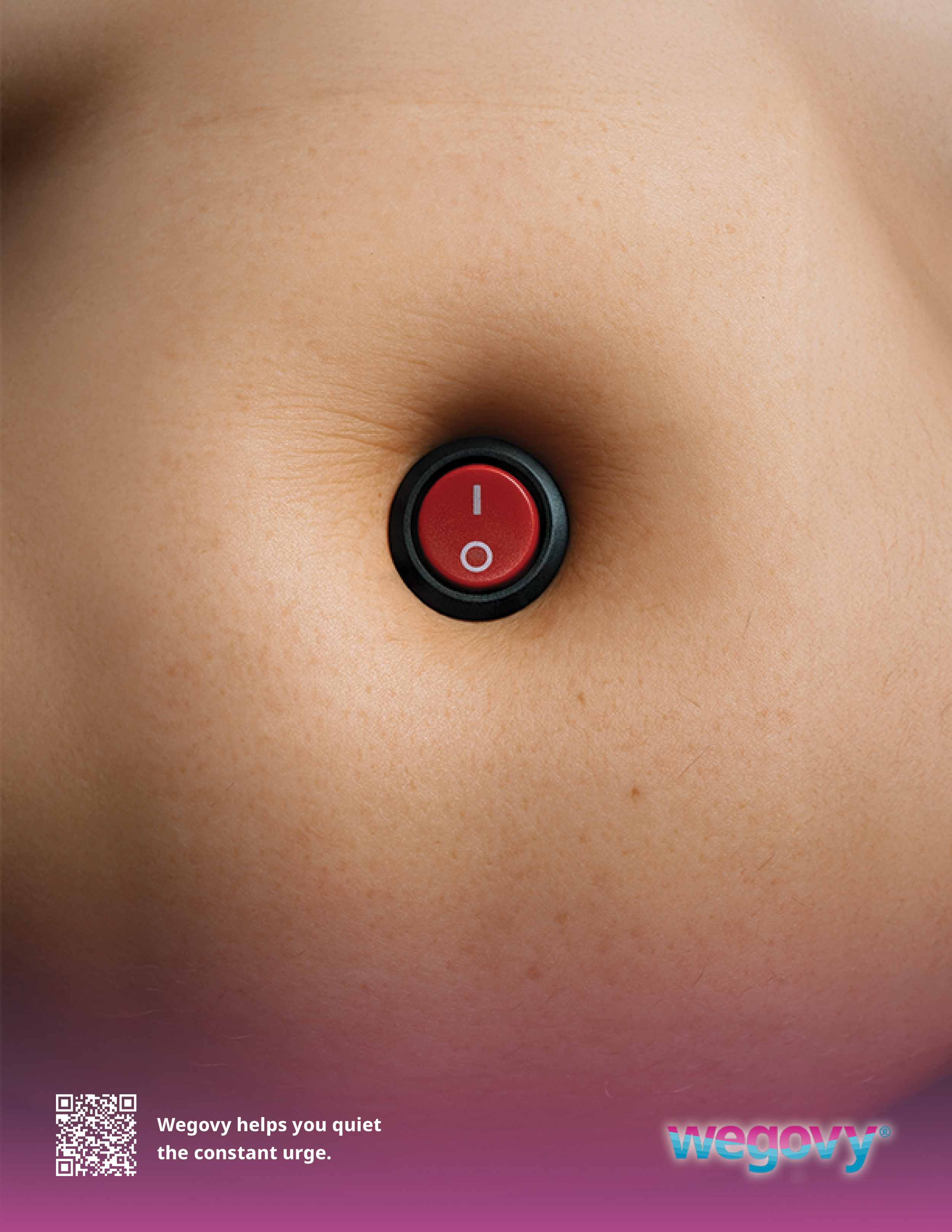 Close-up of a belly button with a black and red device inserted, with text at the bottom left that says 'Wegovy helps you quiet the constant urge' and the Wegovy logo at the bottom right.