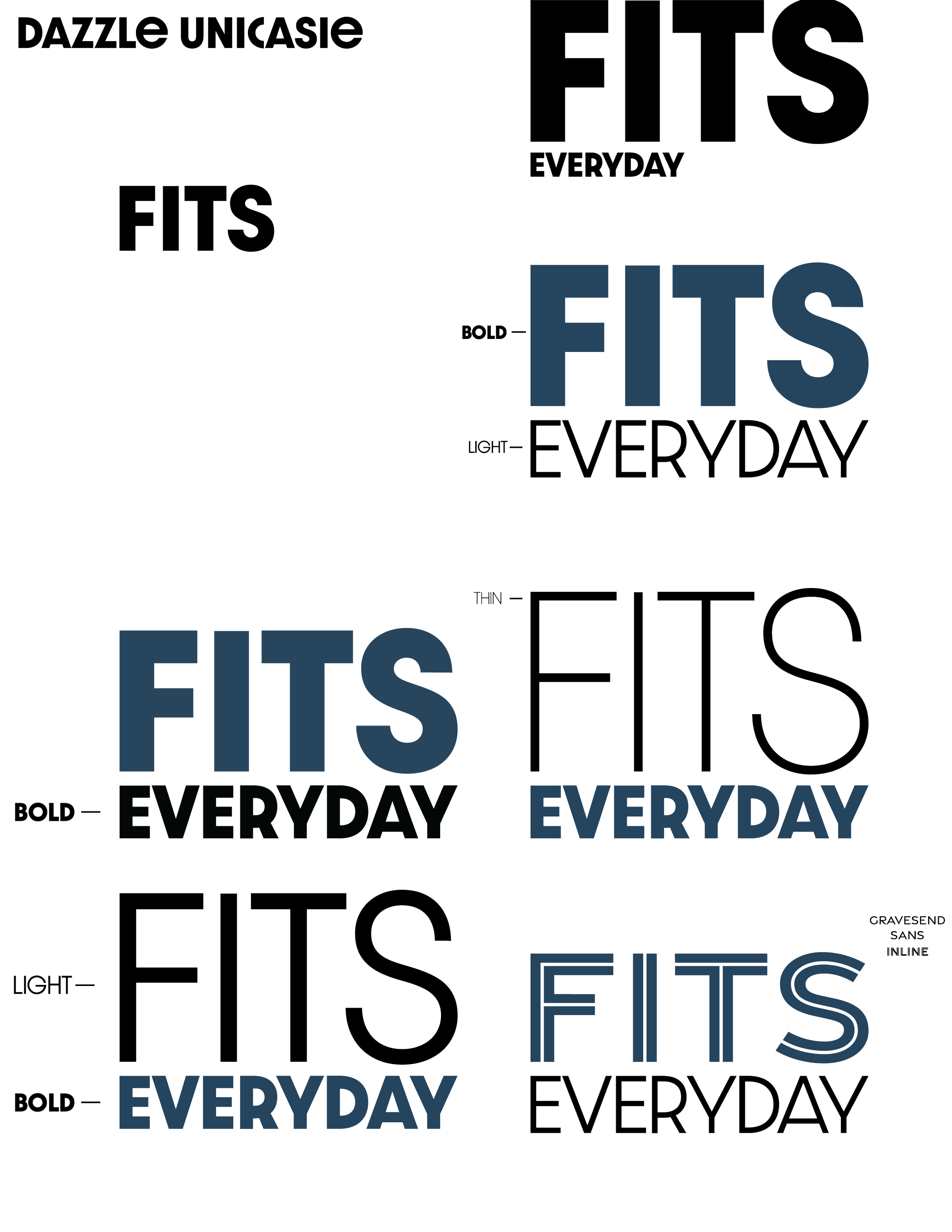 Text-based graphic with various font styles, sizes, and weightings of the phrase 'FITS EVERYDAY,' including annotations indicating 'bold,' 'light,' and 'thin' fonts, on a black background.
