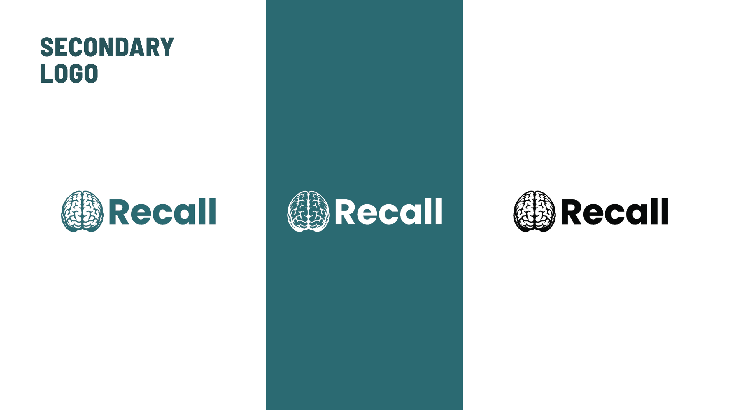 Sample image showing three logo variations side by side, with the text 'SECONDARY LOGO' at the top left. Each logo features a brain icon followed by the word 'Recall': the first in teal on a white background, the second in white on a teal background, and the third in black on a white background.
