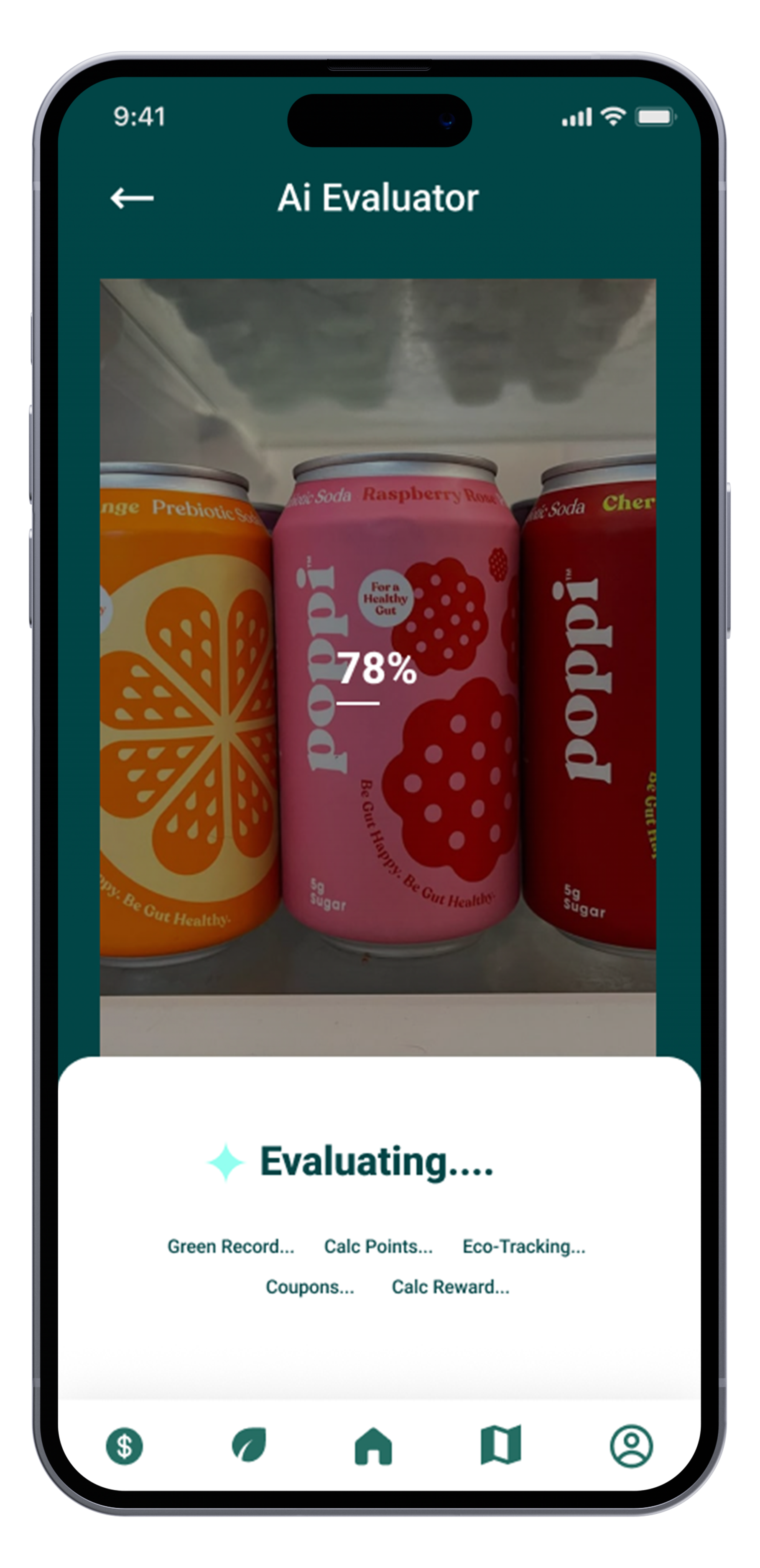 Smartphone screen showing a shopping app evaluating cans of pop with a battery percentage of 78%. The cans are orange, pink, and red with fruit-themed labels, inside a refrigerator or cooler.