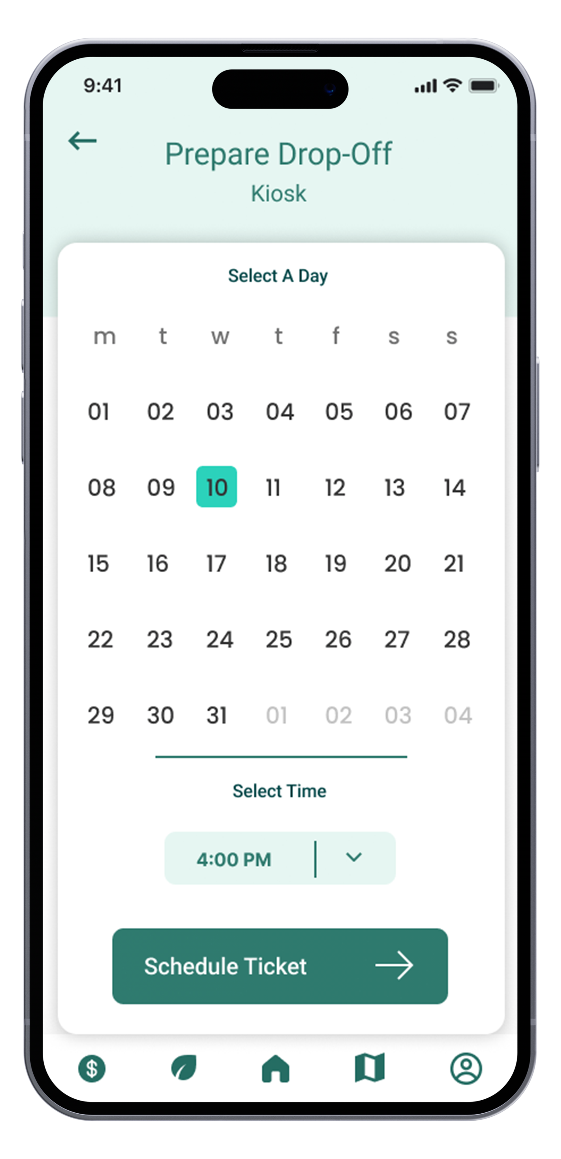 Mobile app screen for scheduling a drop-off appointment. The interface features a calendar with the selected date 10 highlighted, and a time selection set for 4:00 PM. A green button labeled 'Schedule Ticket' is at the bottom.