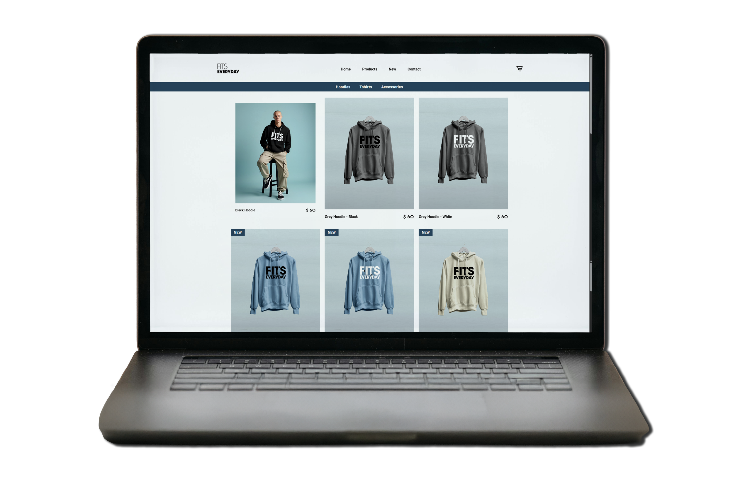 Laptop displaying an online clothing store selling hoodies in various colors with a model wearing a black hoodie.