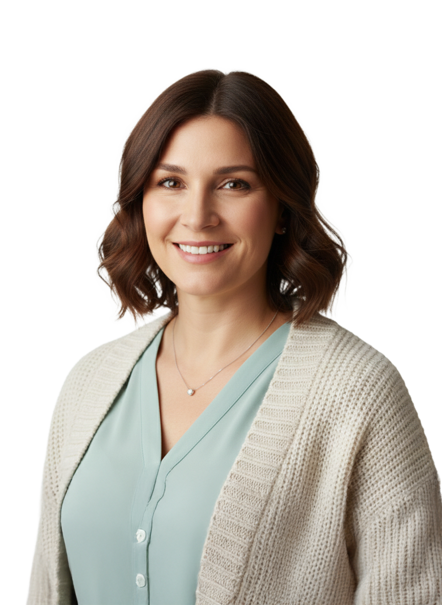 A woman with shoulder-length brown hair smiling, wearing a light blue blouse and a beige knitted cardigan.