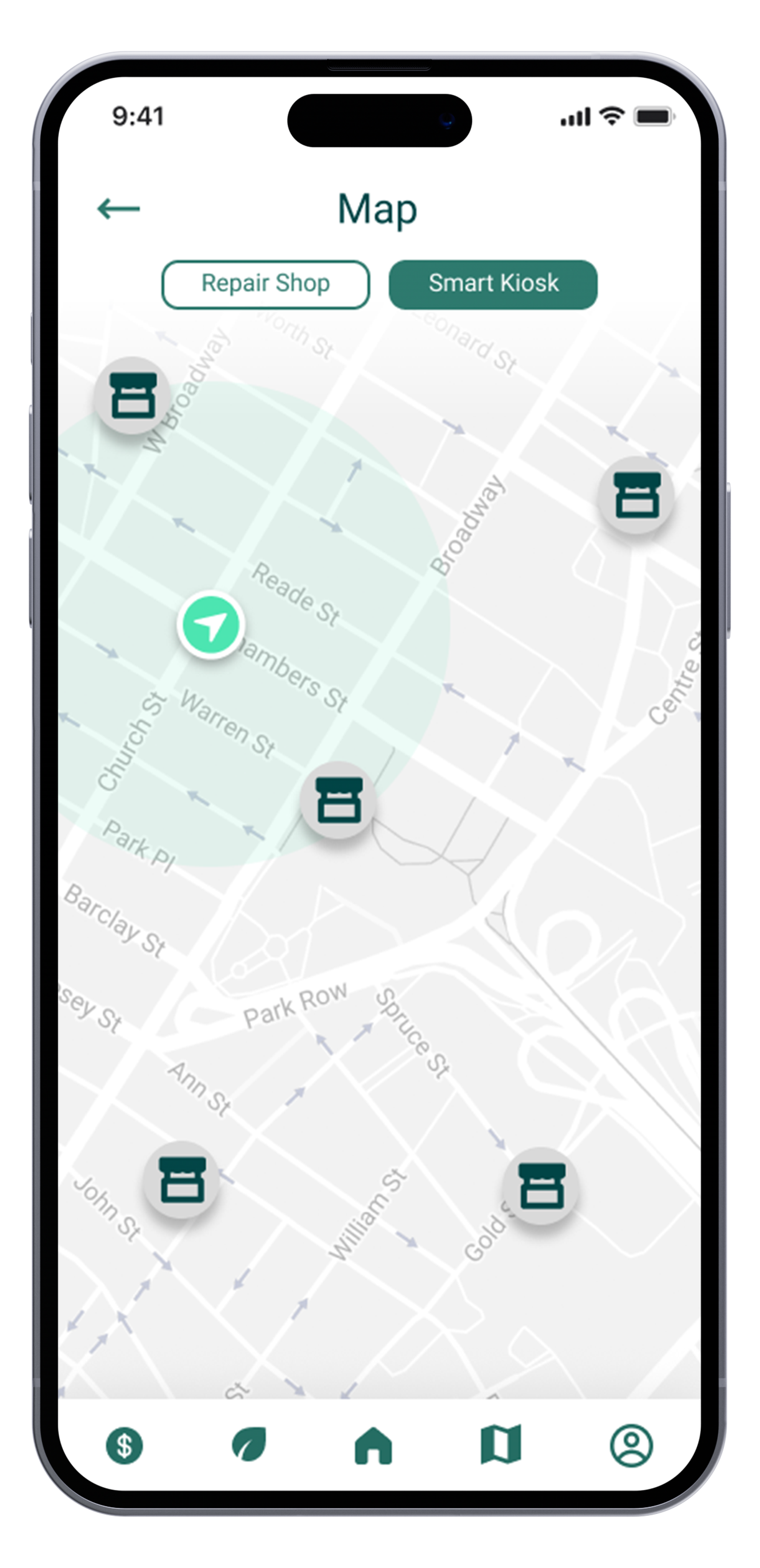 Smartphone screen displaying a map with repair shop and smart kiosk icons, navigation arrow, and app icons at the bottom.