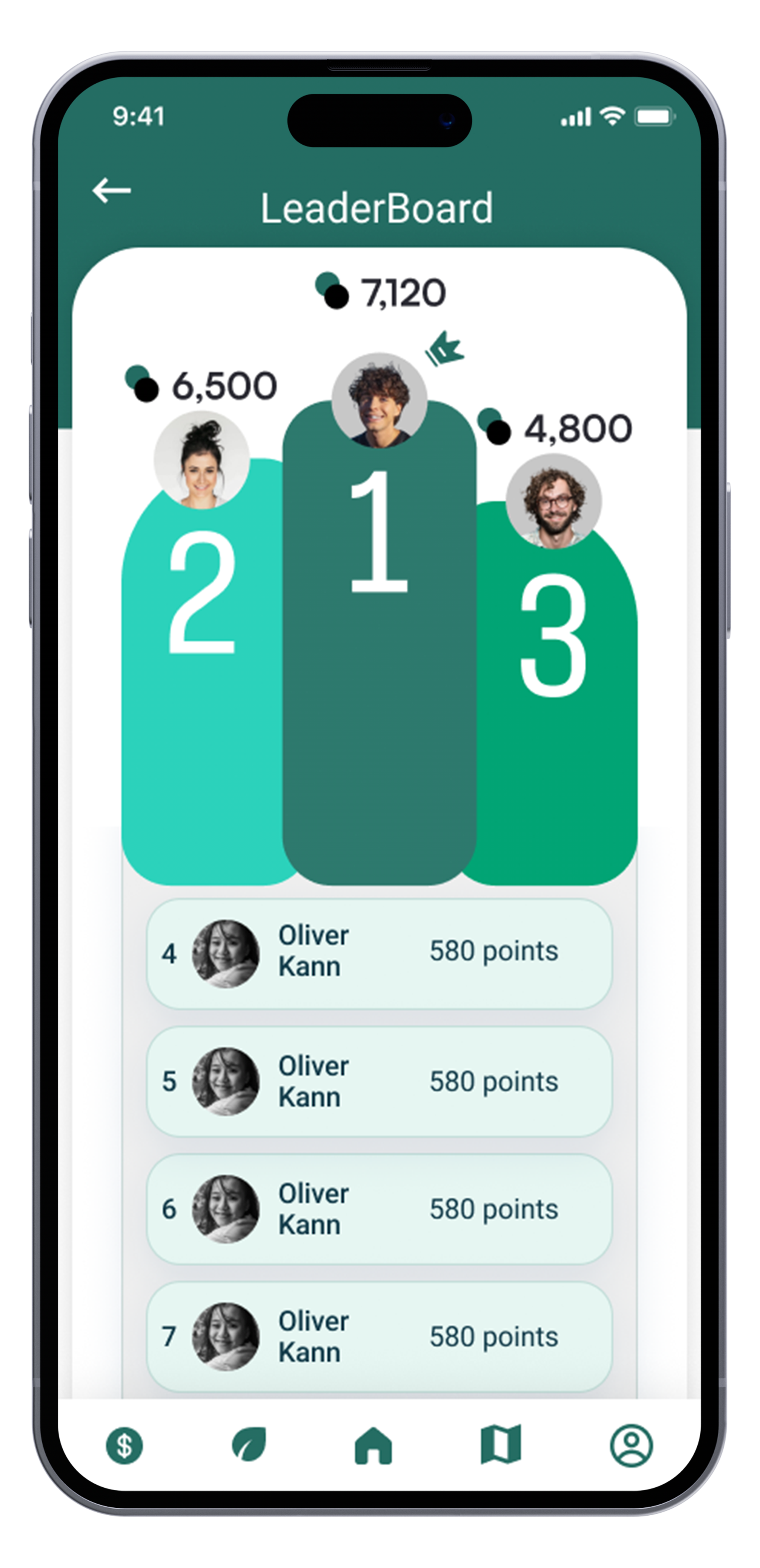 Mobile app leaderboard screen showing top three ranked individuals with their profile pictures and points, and a list of lower-ranked participants with identical points.