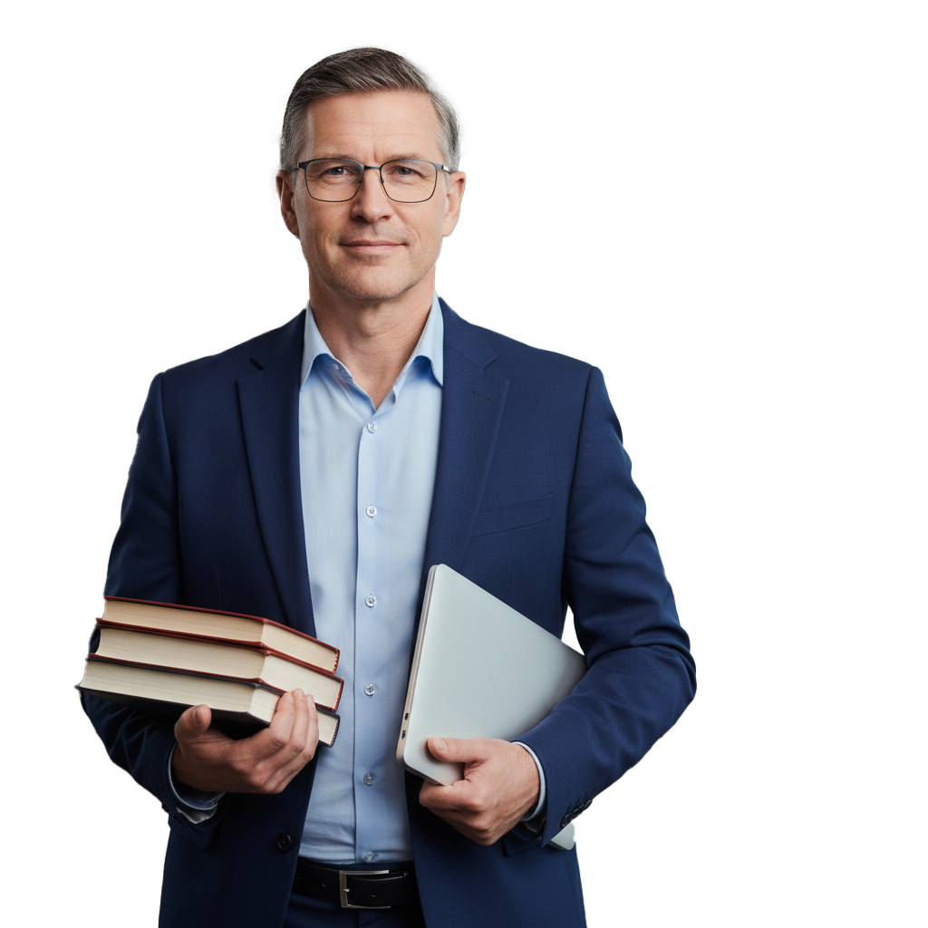 A middle-aged man in a blue suit and glasses holding three books and a closed laptop, standing against a plain background.