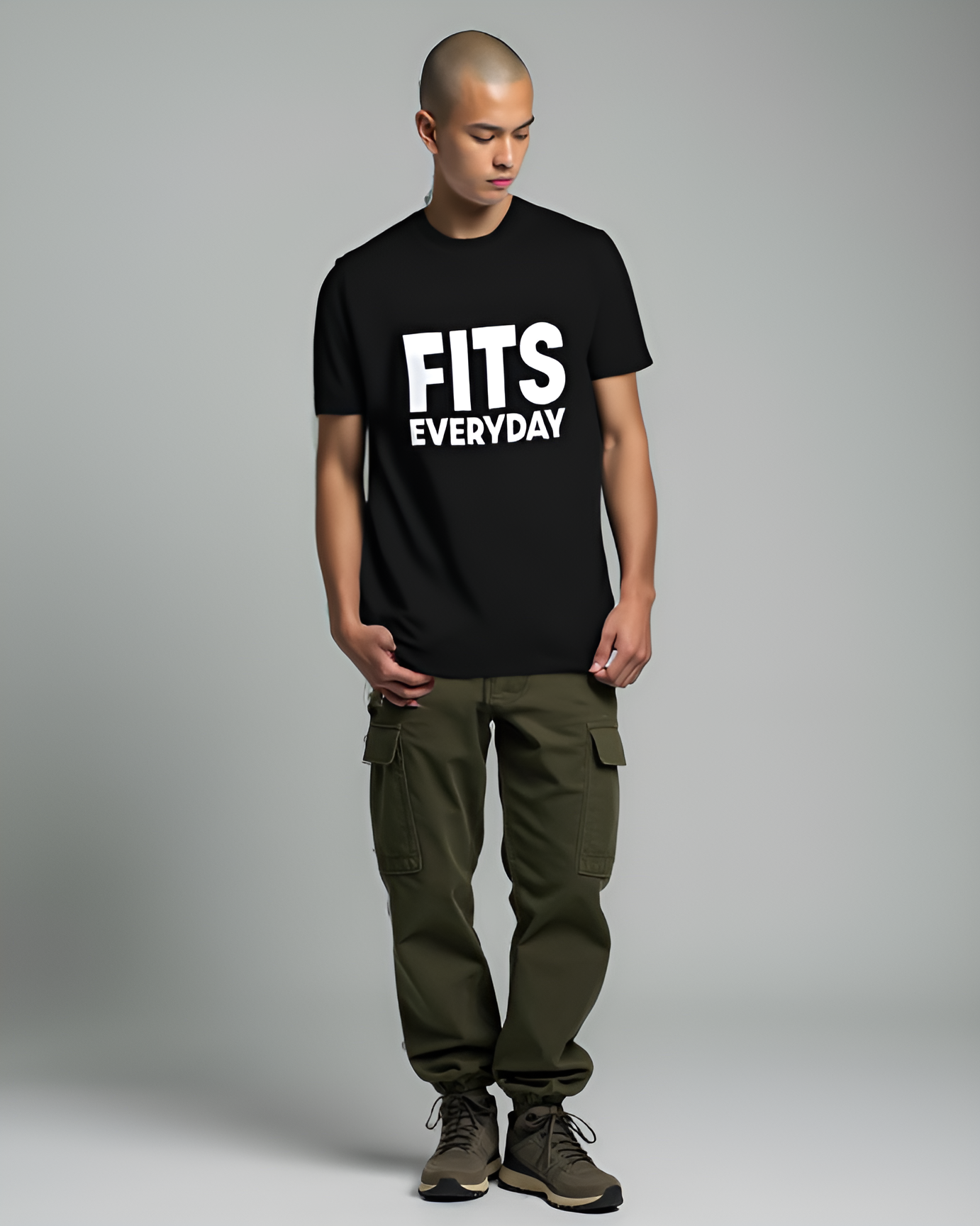 A young man with a shaved head wearing a black T-shirt with bold white text that says 'FITS EVERYDAY' and olive green cargo pants, standing against a plain grey background.