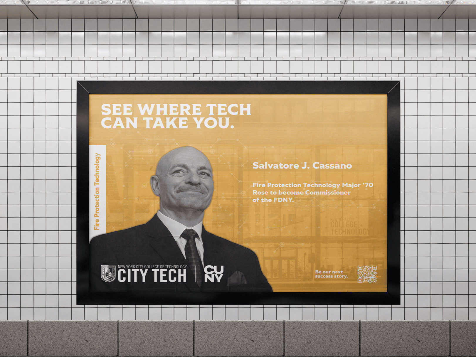 An advertisement board on a tile wall featuring a man in a suit. The text says, "See where tech can take you," with details about Salvatore J. Cassano, a Fire Protection Technology Major from 1970, and his role as FDNY Commissioner. The ad is for New York City College of Technology, City Tech.