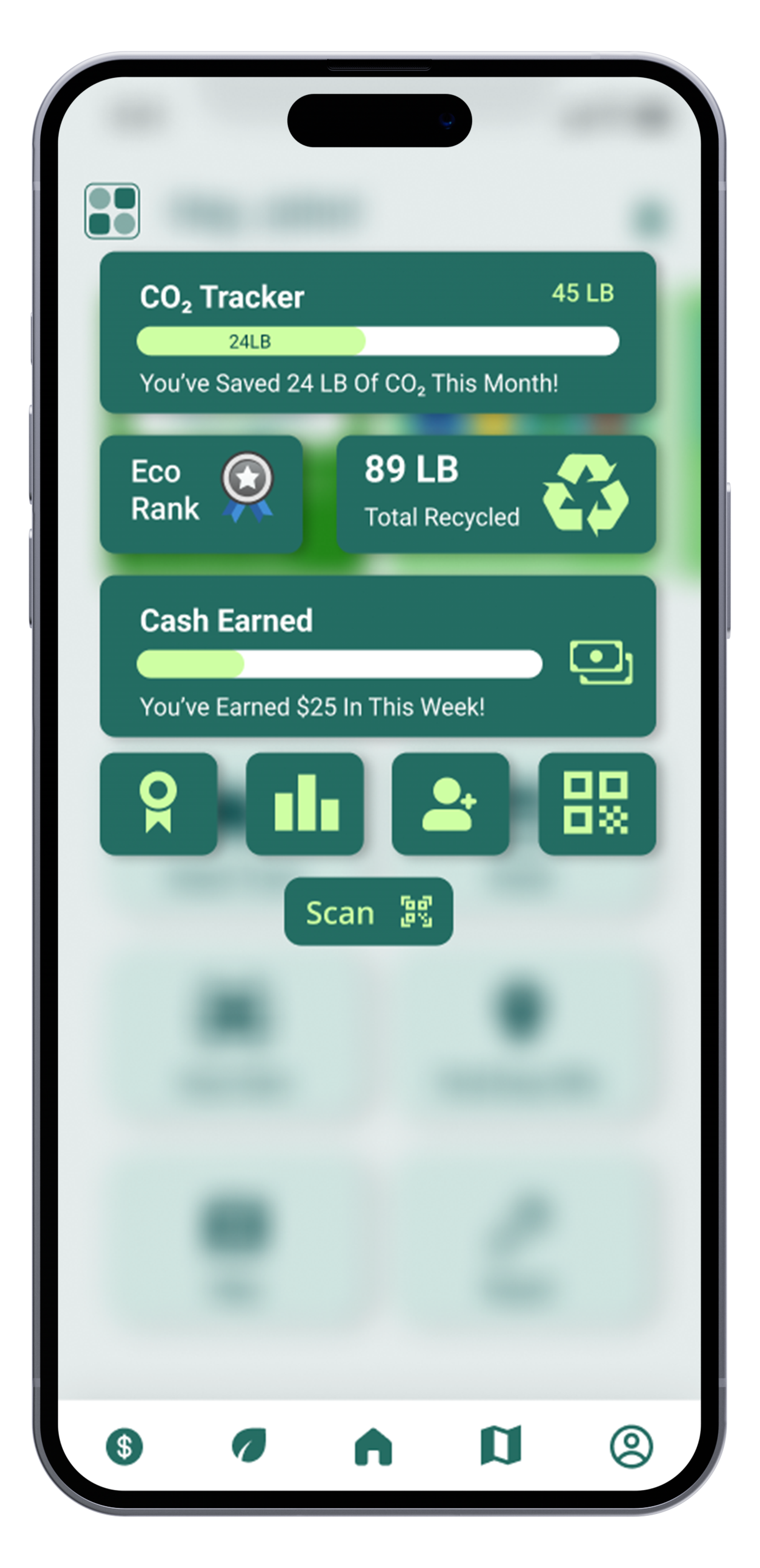 Smartphone screen displaying an eco-friendly app dashboard with CO2 tracker, total recycled weight, earnings, and various icons for features.