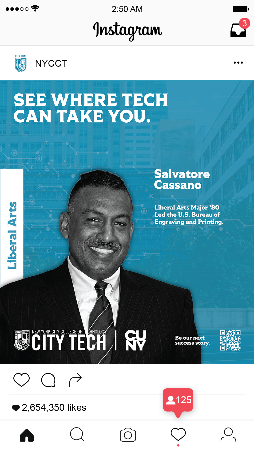 Instagram post promoting New York City College of Technology, featuring a black and white photo of Salvatore Cassano in a suit, smiling, with text highlighting his background and achievements, and the college's logo.