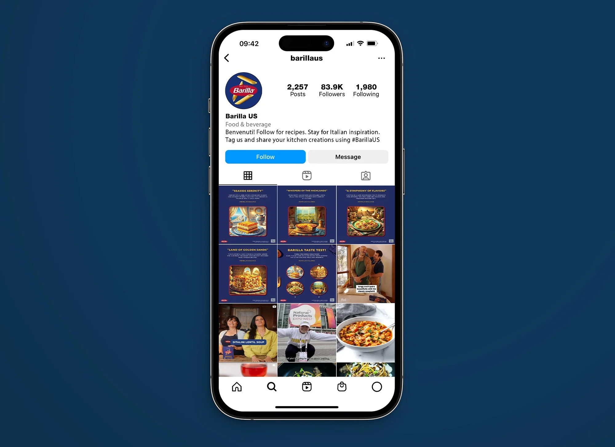 Instagram profile page of Barilla US with multiple posts including images of food, people, and products related to pasta and Italian cuisine, displayed on a smartphone screen.