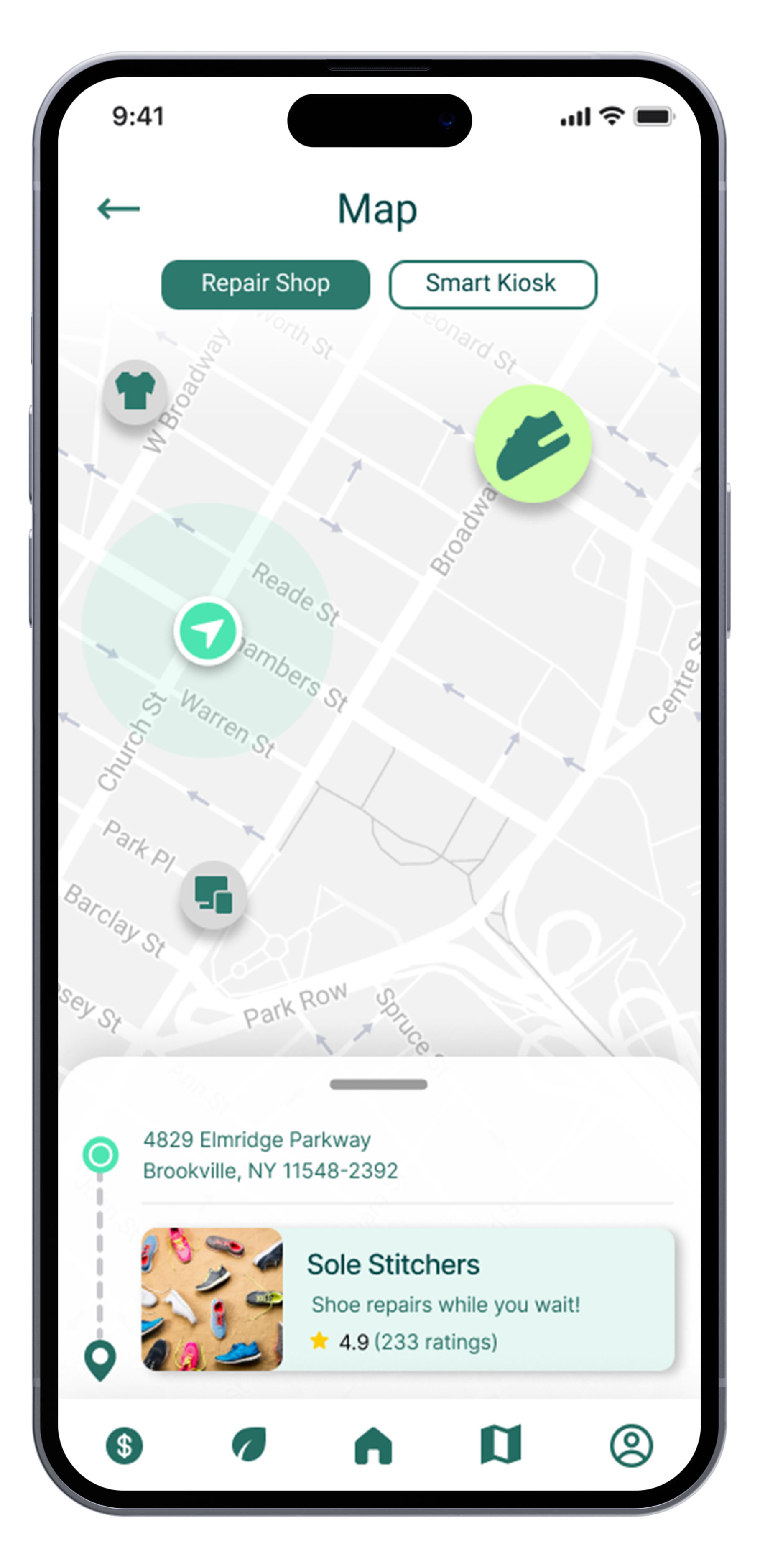 Mobile app screen showing a map with repair shops, including 'Sole Stitchers' for shoe repairs located in Brookville, NY, with shop details and ratings at the bottom.