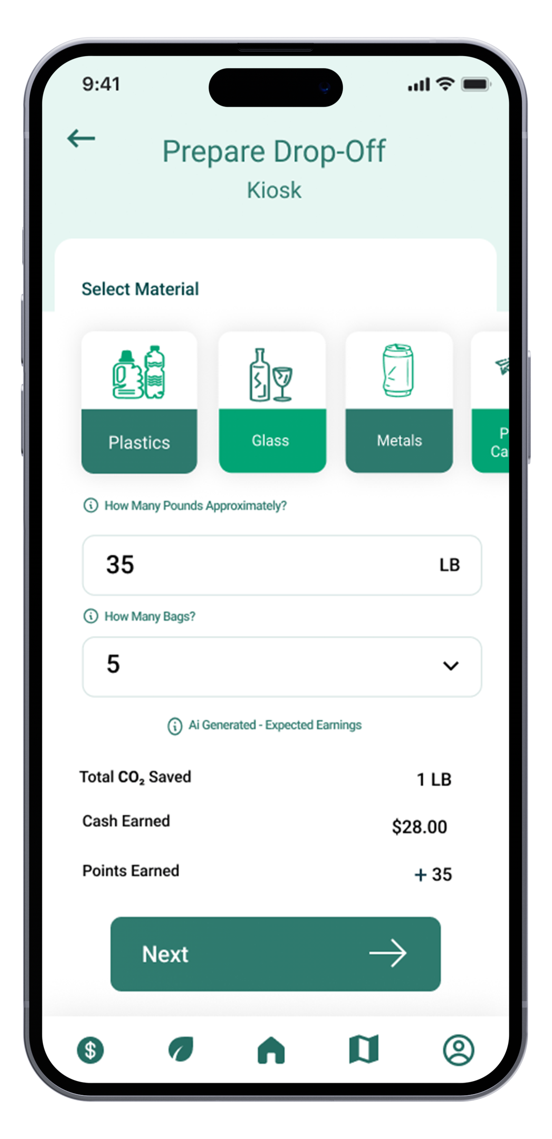 Mobile app screen showing a recycling kiosk for preparing drop-off of glass materials, with options to select weight, number of bags, and estimated earnings.