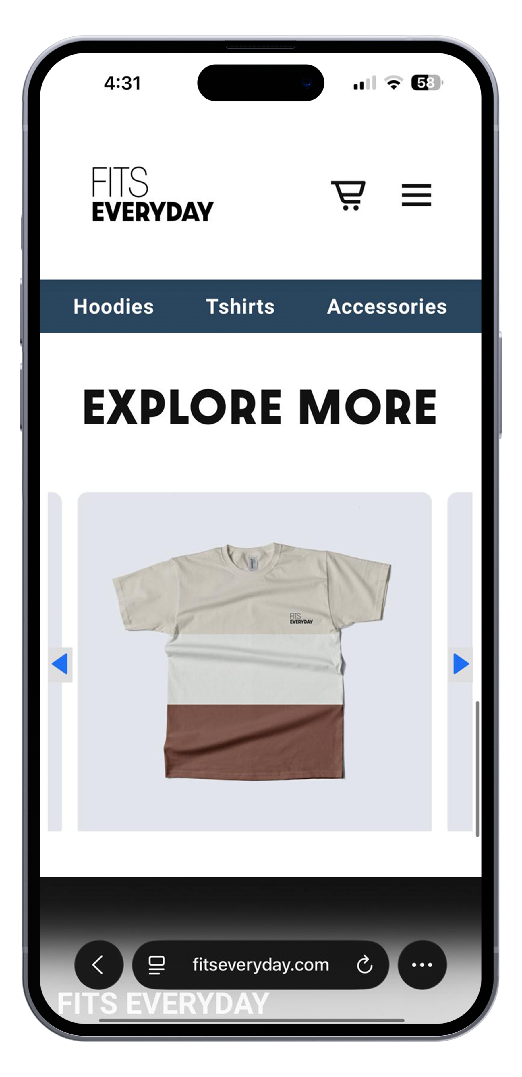 Mobile website showing clothing items from Fits Everyday, featuring a t-shirt with color blocks in beige, white, and brown, and navigation menu with categories like Hoodies, T-shirts, and Accessories.