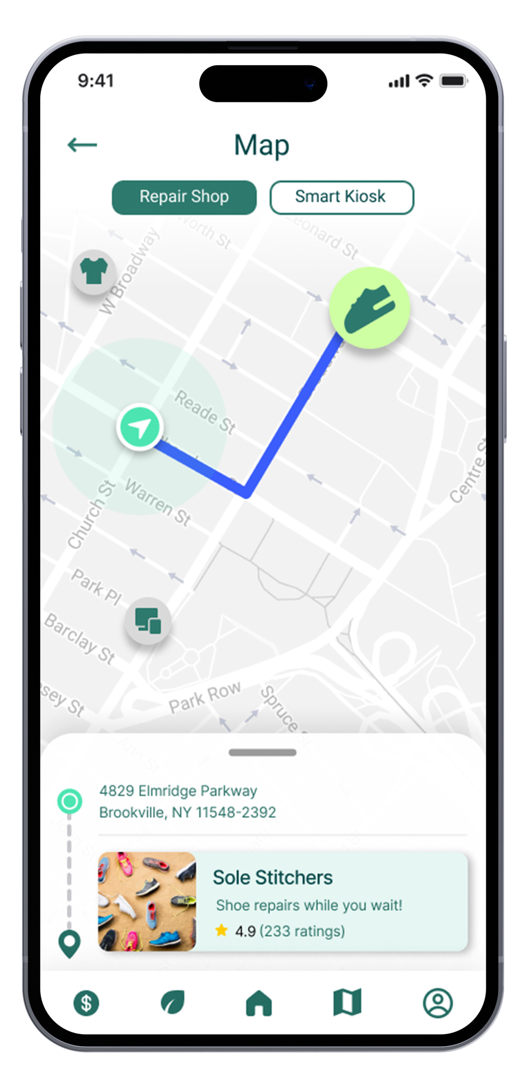 Mobile app display showing a map with a route from a repair shop to a shoe repair service called Sole Stitchers at 4829 Elmridge Parkway, Brookville, NY. The app offers options for Repair Shop and Smart Kiosk, with icons for shoe repair and nearby services, and navigation at the bottom.