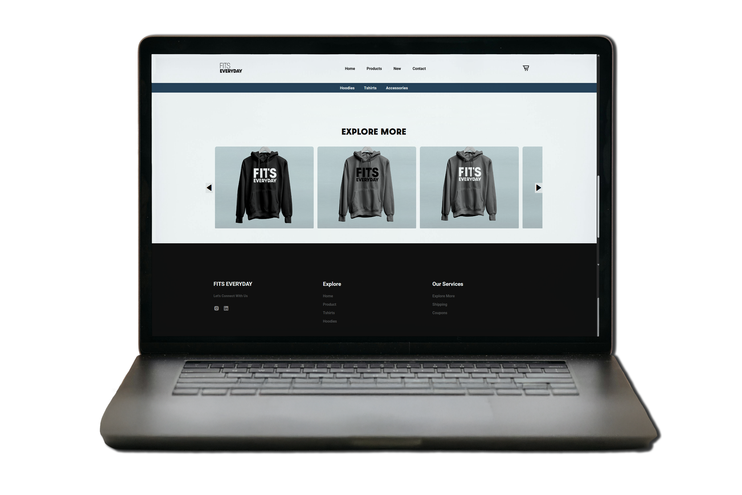 Laptop displaying an online clothing store with hoodies, T-shirts, and accessories.