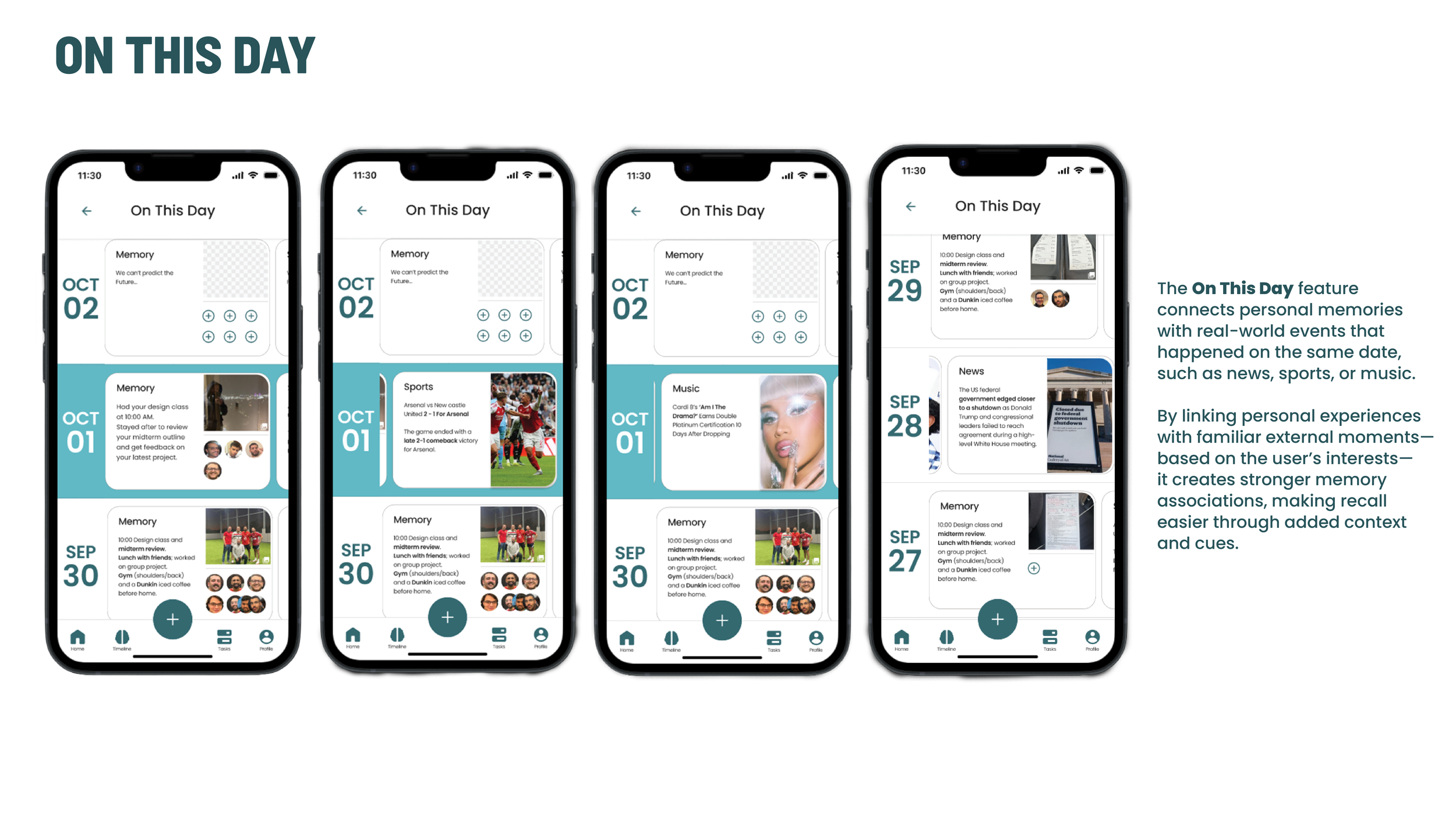 Four smartphone screens displaying a mobile app interface for tracking personal memories, with dates from October 1st to September 30th, shown in a row. The app highlights different memories like location-based activities, sports events, music experiences, news, and personal notes. The right side includes a descriptive paragraph explaining the 'On This Day' feature connecting personal memories with real-world events.