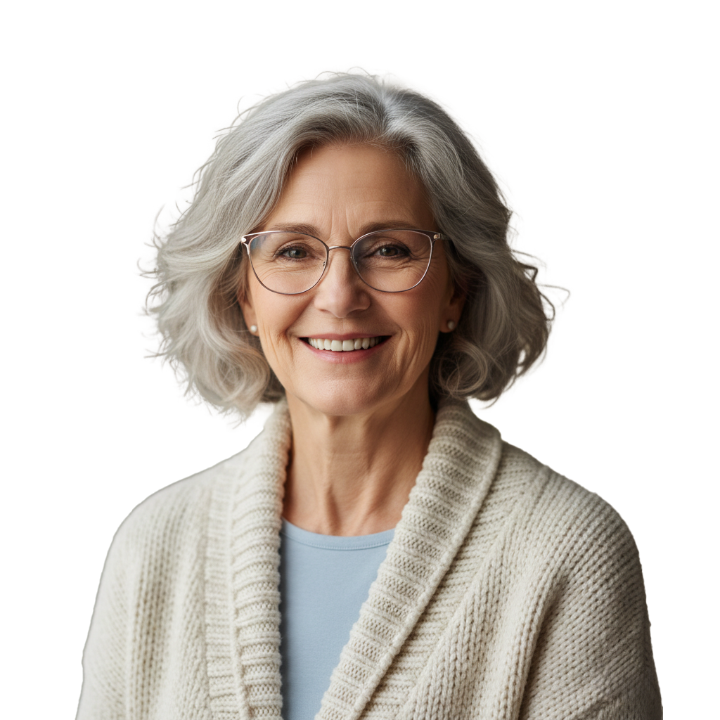 A smiling elderly woman with curly gray hair and glasses, wearing a beige knitted cardigan over a light blue top.