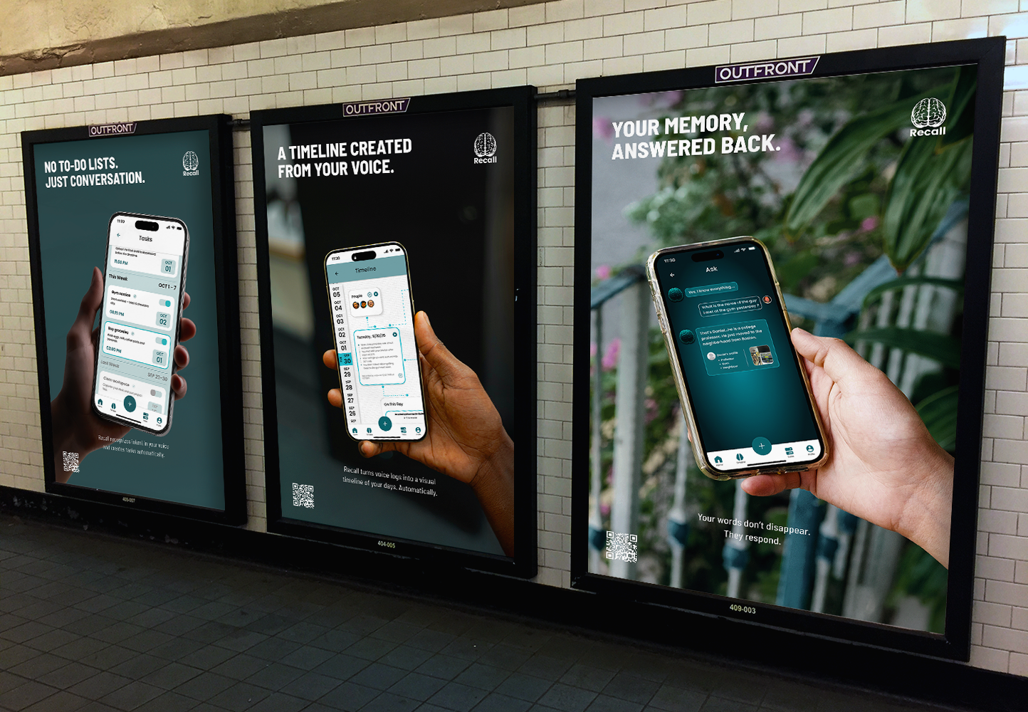 Three posters advertising a voice recognition app or service, showing smartphone screens with app interfaces, against a tiled wall. The posters read, from left to right: 'NO TO-DO LISTS, JUST CONVERSATION,' 'A TIMELINE CREATED FROM YOUR VOICE,' and 'YOUR MEMORY, ANSWERED BACK.' Each poster includes a QR code at the bottom.