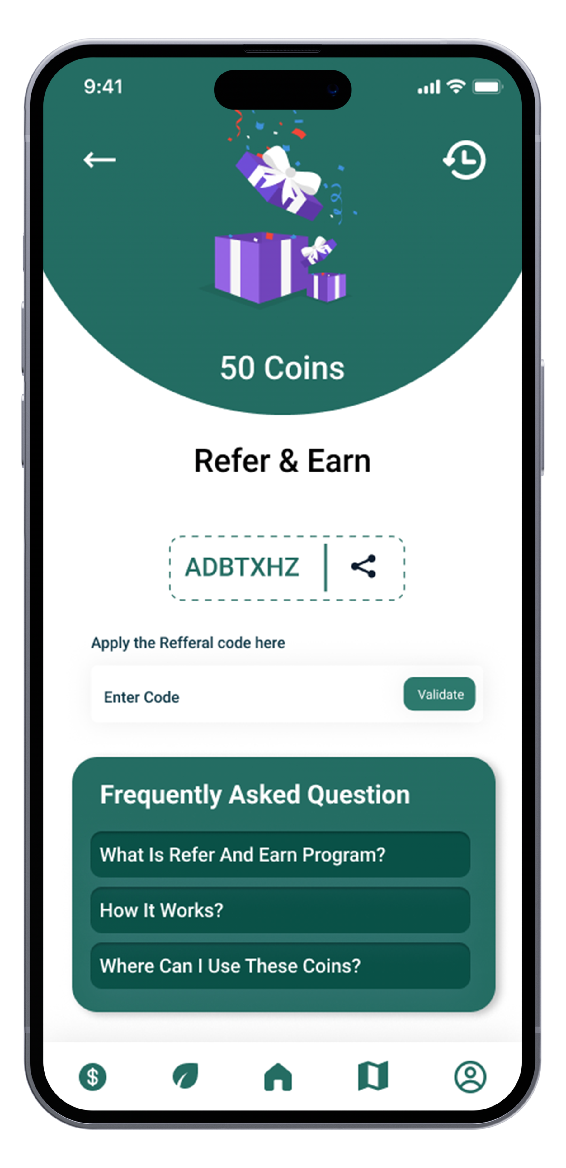 Mobile phone screen showing a referral and earning program for coins, with a purple gift box graphic, referral code ADBTHXZ, and FAQ section about the program.