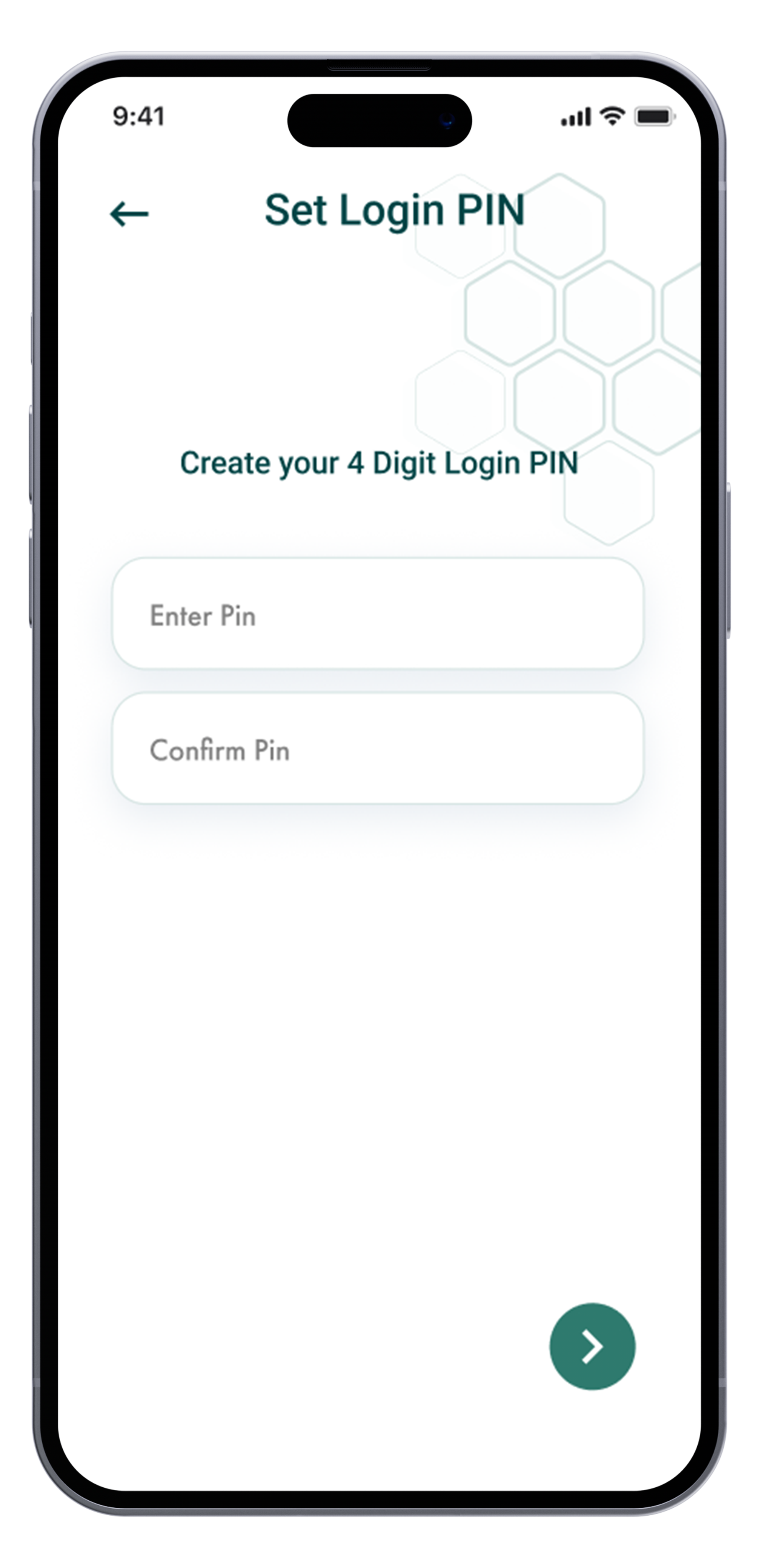 Mobile phone screen displaying a 'Set Login PIN' setup page with fields to enter and confirm a 4-digit PIN, a back arrow at the top left, and a large teal arrow button at the bottom right.