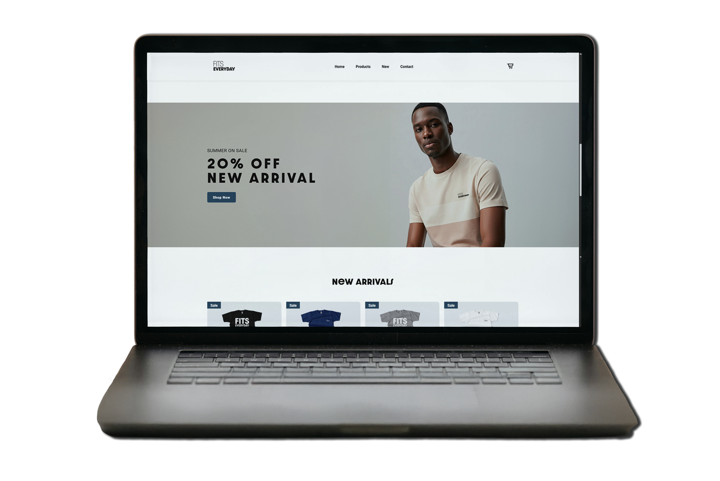 Laptop displaying an online clothing store with a promotional banner for 20% off on new arrivals, featuring a man wearing a beige T-shirt.