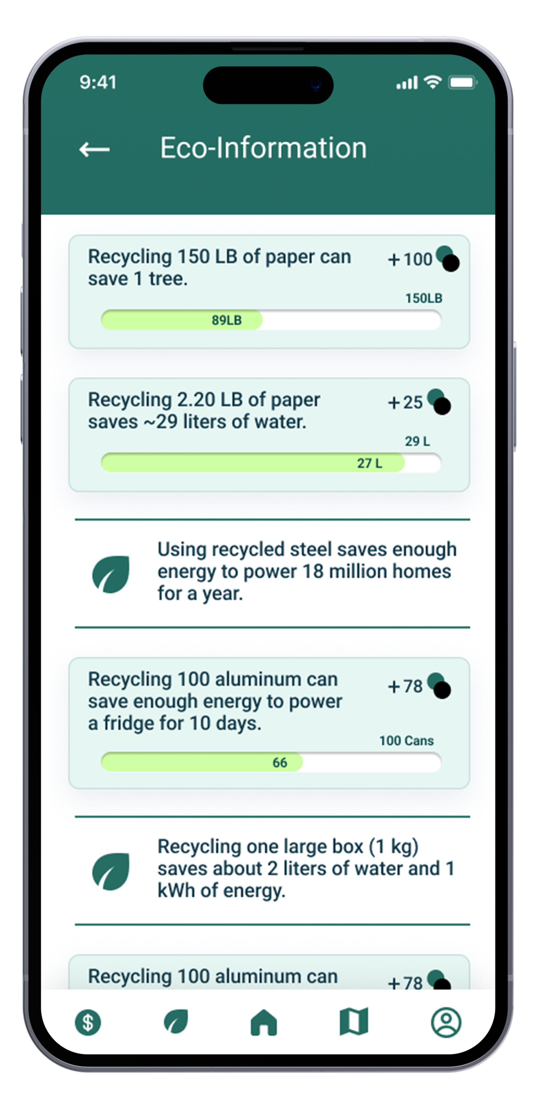 Mobile phone screen displaying environmental impact statistics related to recycling paper, aluminum, and steel, with progress bars and numerical data.