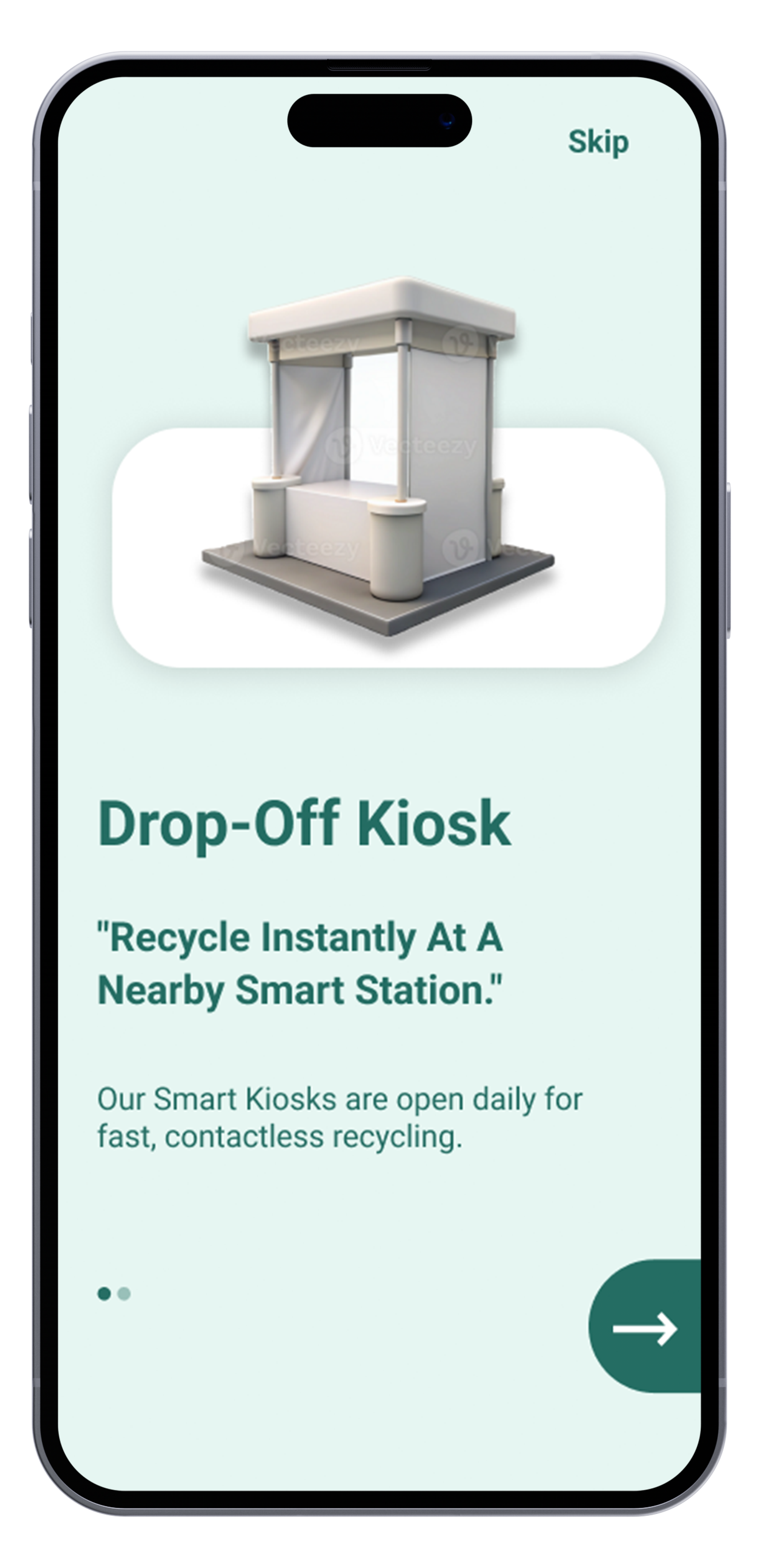 Mobile phone screen displaying an app for a drop-off kiosk. The app features an image of a white kiosk and text describing it as a place to recycle instantly at a nearby smart station with open daily hours.