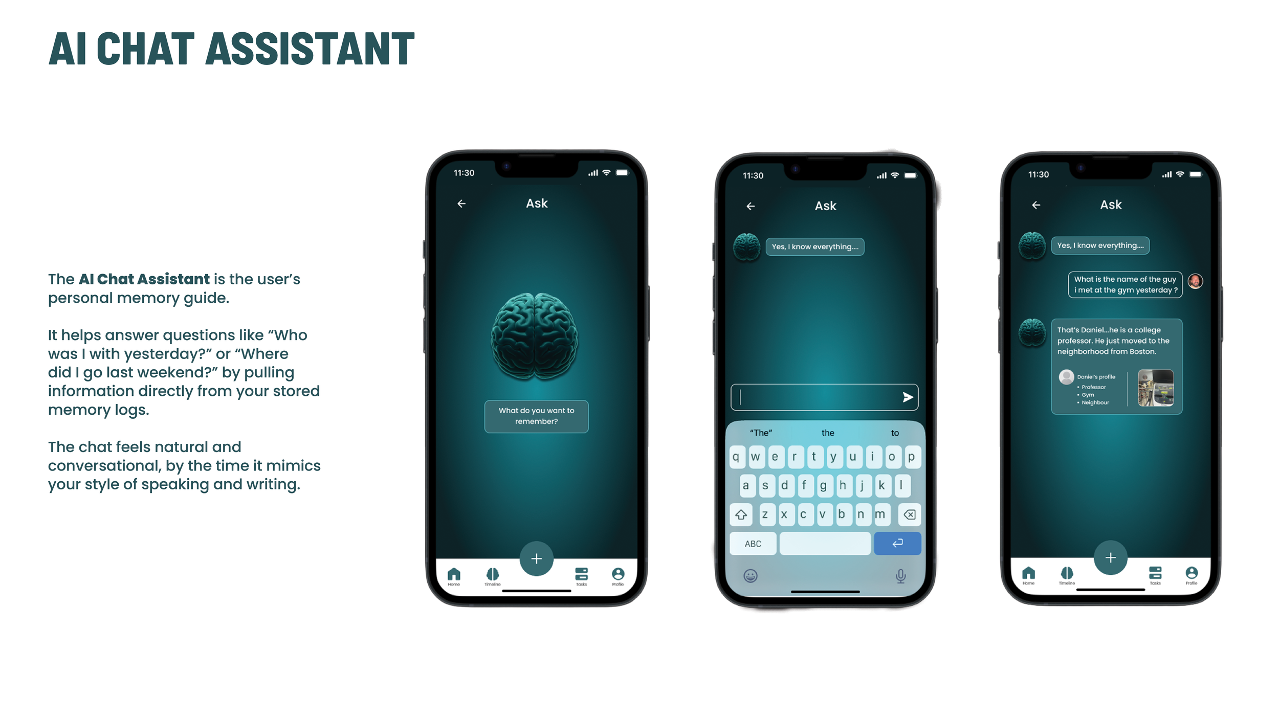 Three smartphone screens showing an AI chat assistant app interface with a teal background and a brain graphic, featuring a conversation about a person named Daniel, a college professor who moved from Boston.