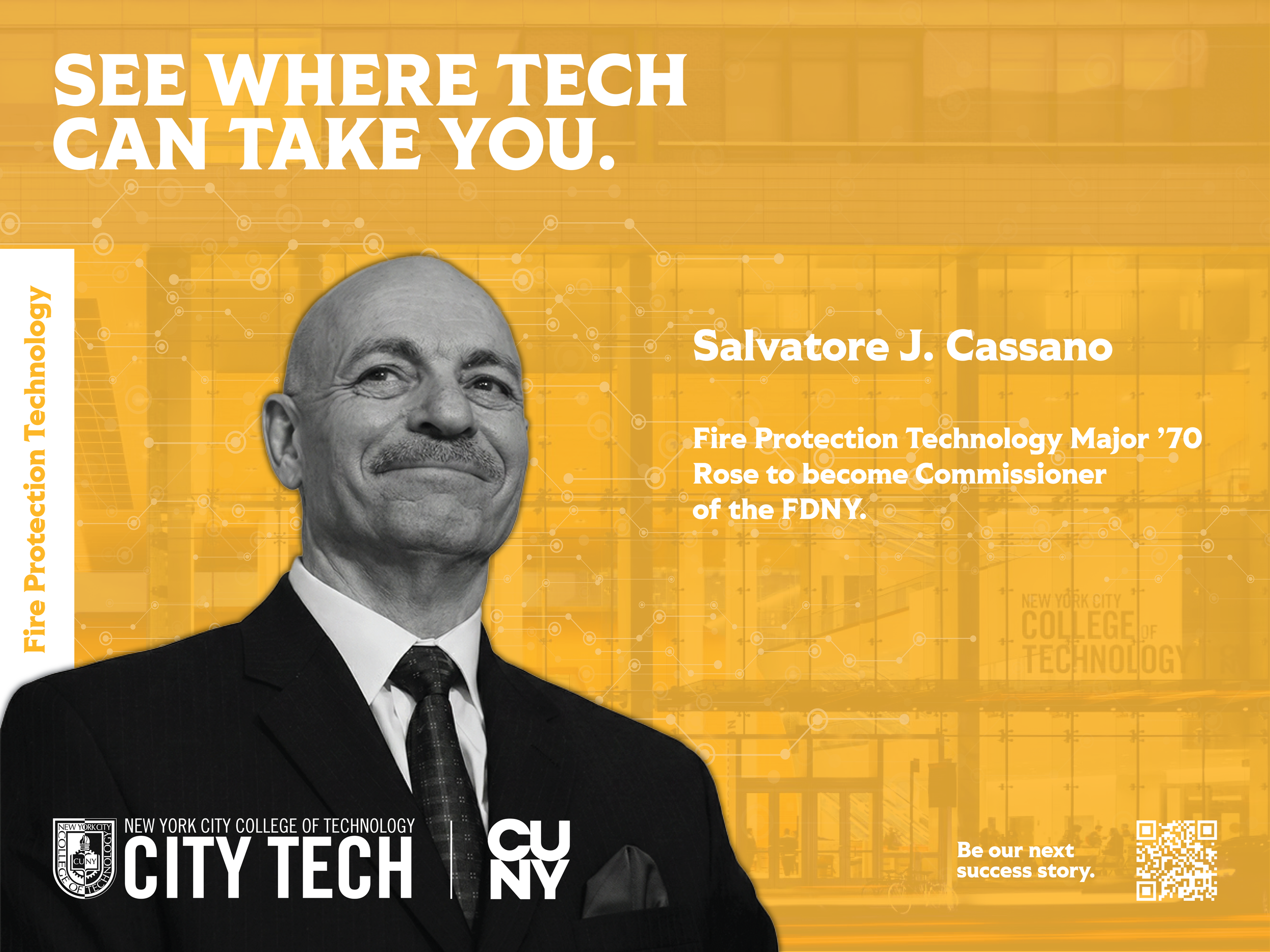 A promotional banner for New York City College of Technology featuring a black and white portrait of Salvatore J. Cassano, with bold text promoting fire protection technology and the college's city tech program.