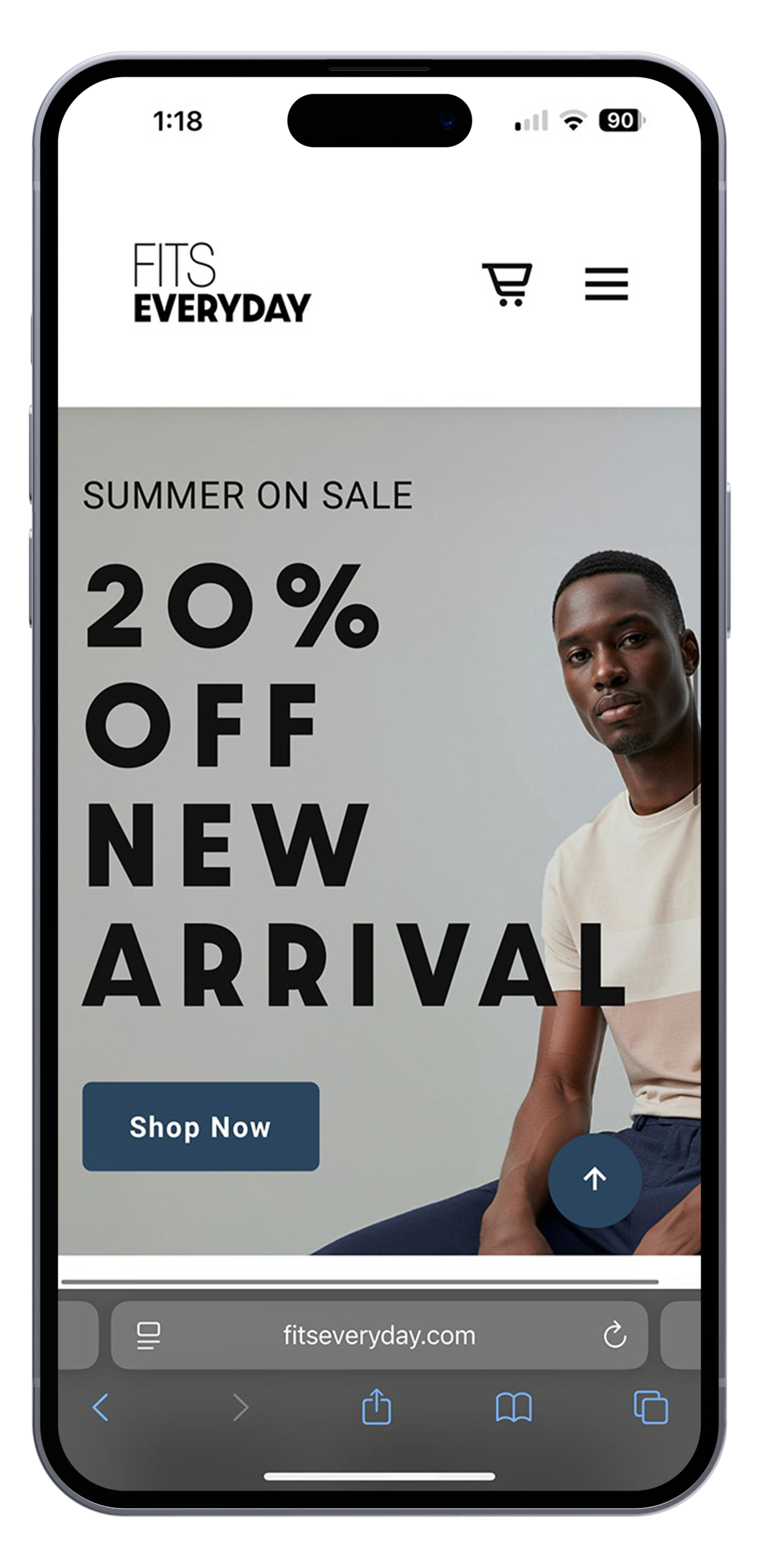 Mobile website display promoting a summer sale with 20% off on new arrivals, featuring a portrait of a man in casual clothing and a 'Shop Now' button.