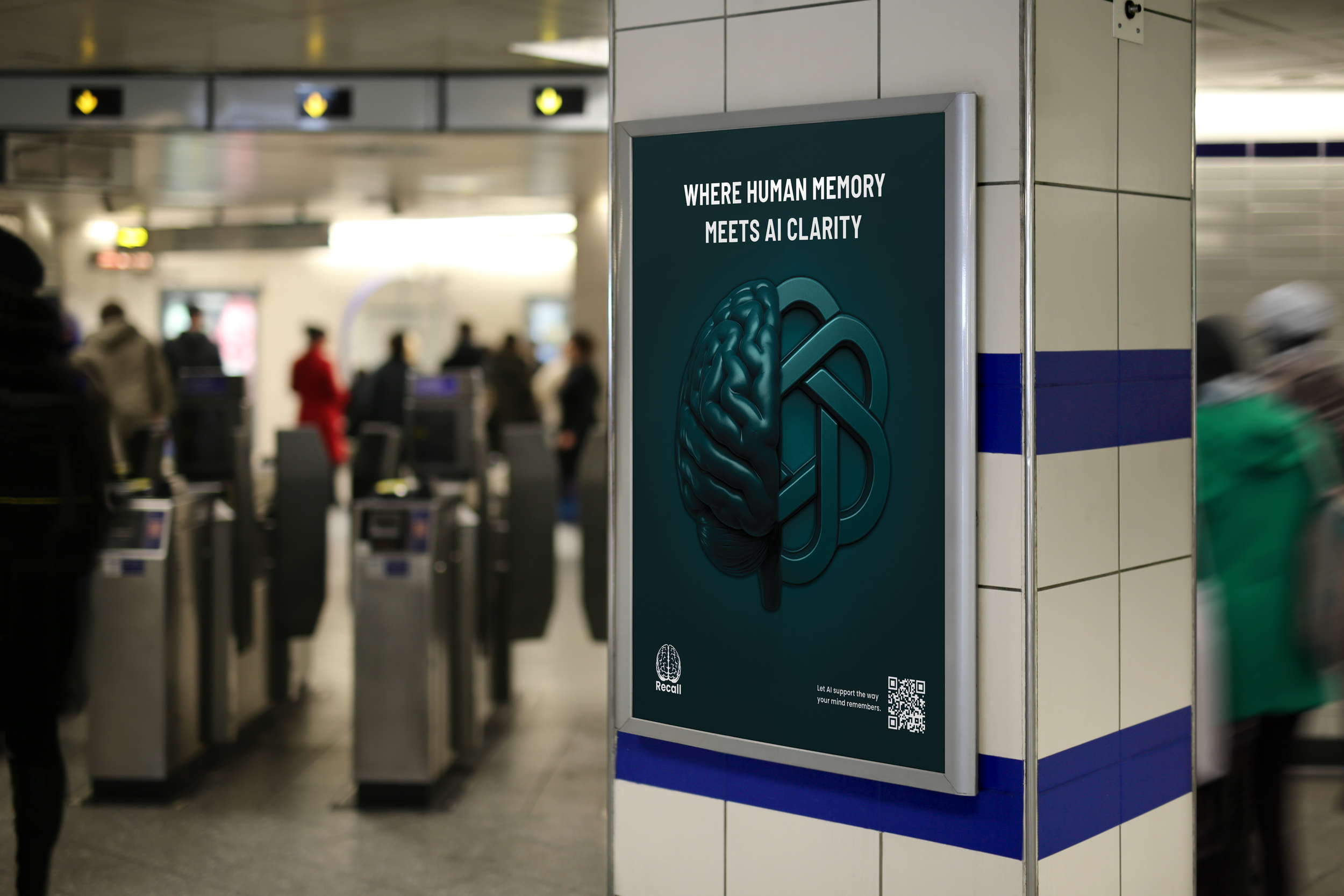 An advertisement on a subway station wall reads 'Where human memory meets AI clarity' and features a graphic combining a brain with a geometric maze or network design. Blurred commuters are seen passing by transit turnstiles in the background.