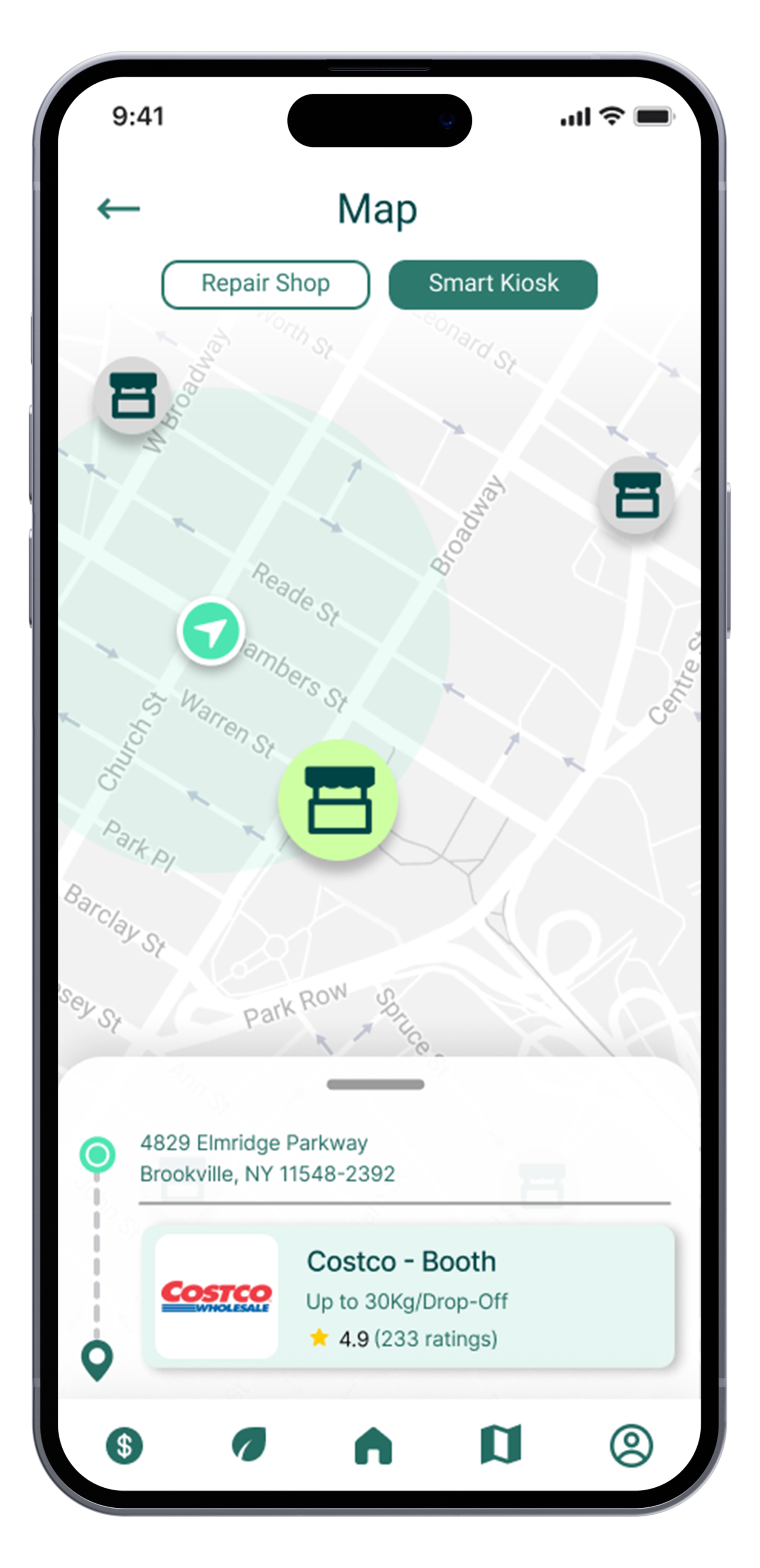 Mobile app screen showing a map with nearby repair shops and a Costco booth, displaying address and ratings.