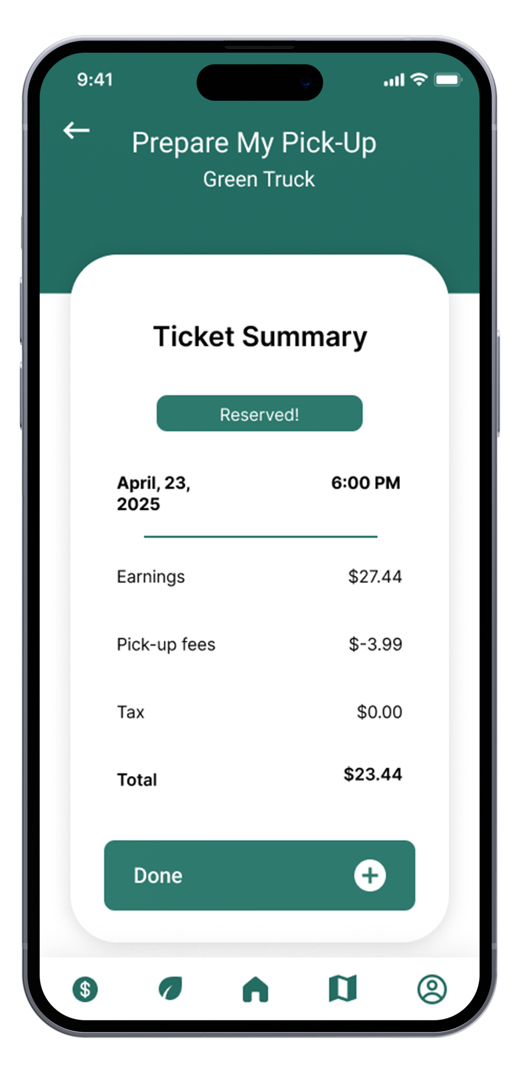 Mobile app screen showing a ticket summary for a ride reservation on April 23, 2025, at 6:00 PM, with a reservation status of 'Reserved!'. The summary includes earnings of $27.44, pick-up fees of -$3.99, tax of $0.00, and a total of $23.44. The bottom has a 'Done' button and navigation icons.