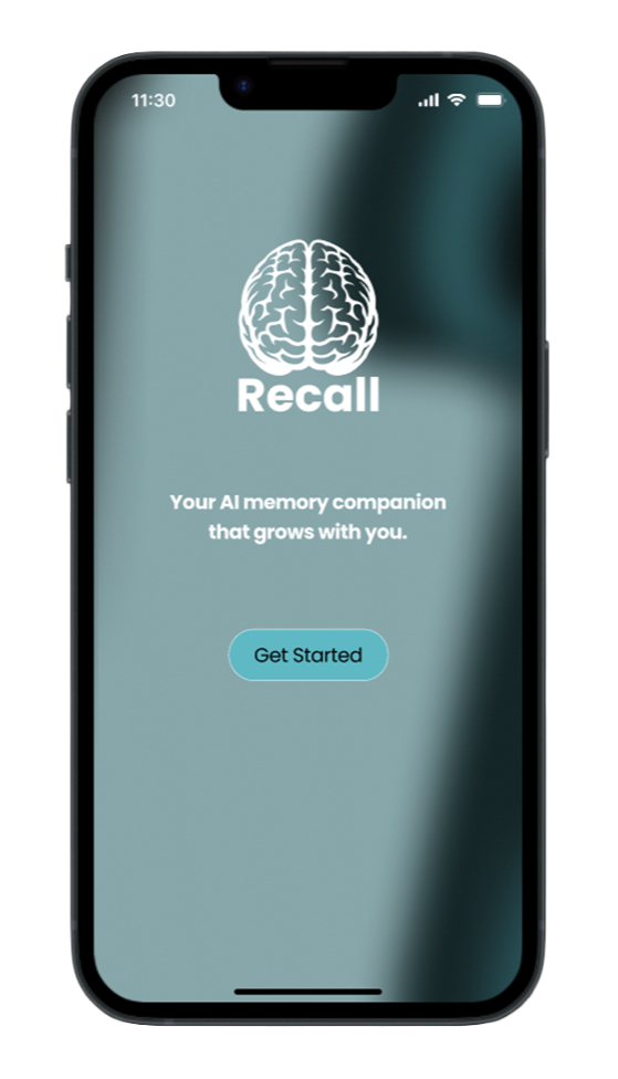 Smartphone screen displaying the Recall app with a brain icon, app name, description, and a 'Get Started' button.