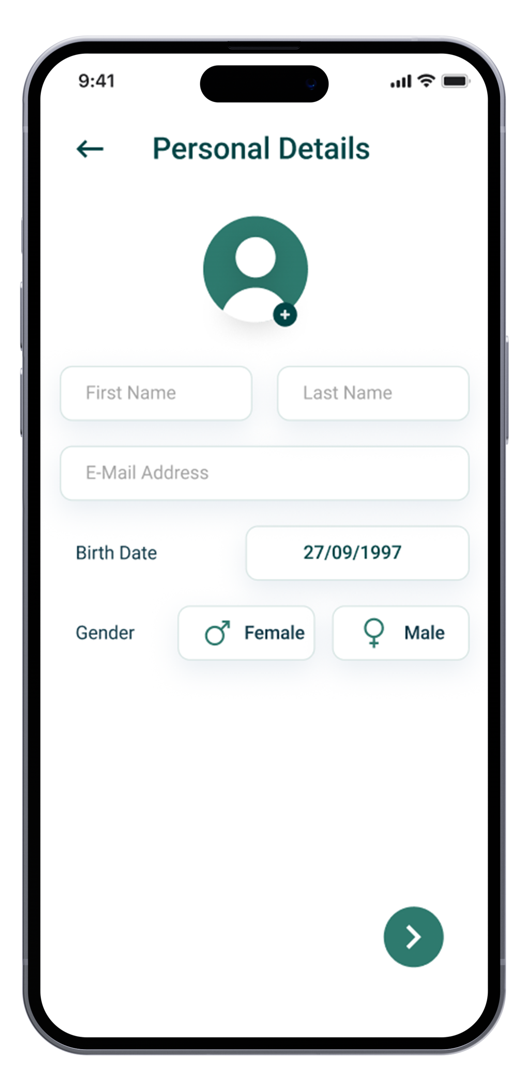 Mobile app screen showing personal details form with fields for first name, last name, email address, birth date, and gender options for female and male. The screen also has a back arrow, a plus icon for adding a photo, and a right arrow button for navigation.