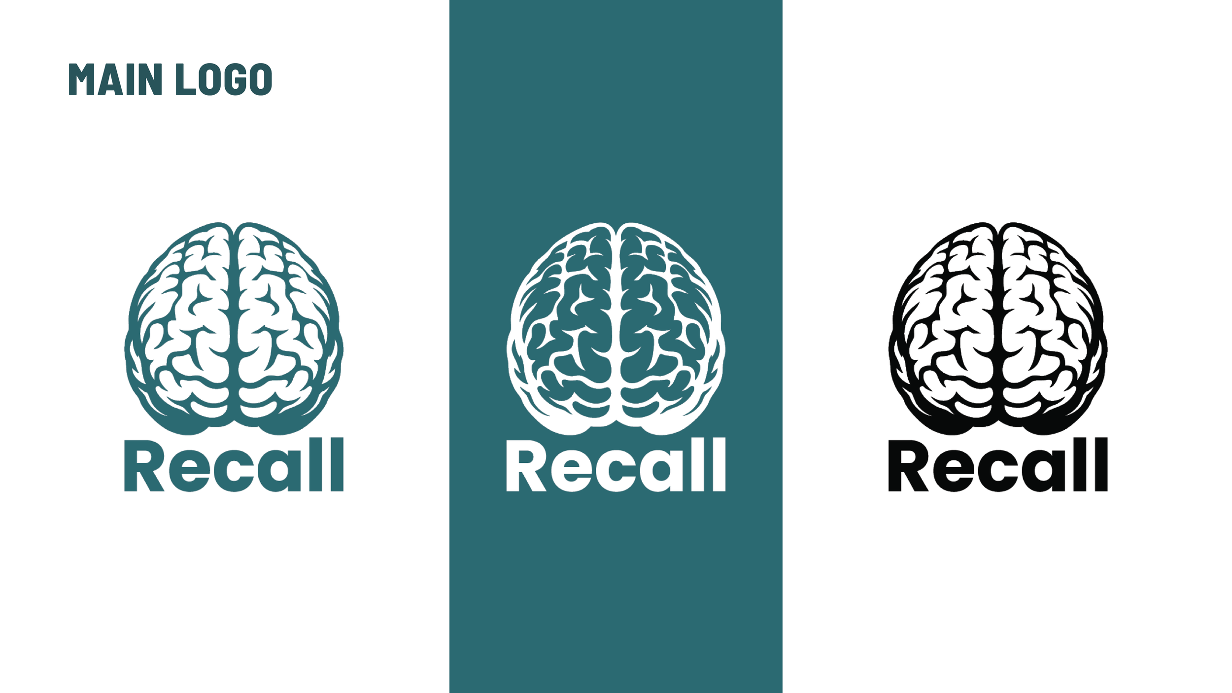 Three versions of a logo featuring a stylized brain above the word 'Recall'. The first on the left has teal text and logo on a white background, the middle version has white logo and text on a teal background, and the third on the right has black logo and text on a white background.