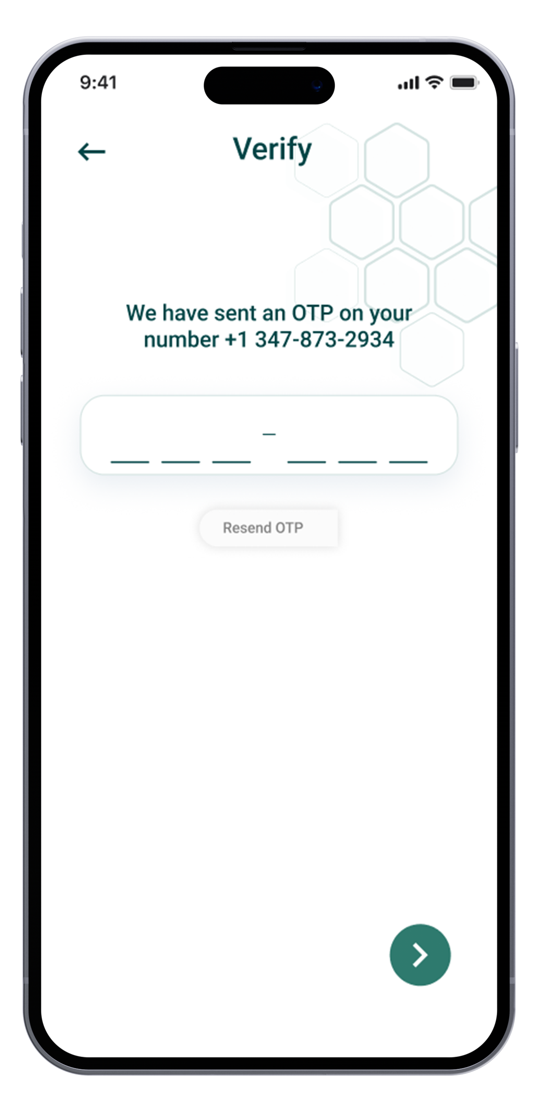 Mobile screen displaying a verification page with a message about an OTP sent to a phone number, a field to enter the OTP, a 'Resend OTP' button, and a forward arrow button.