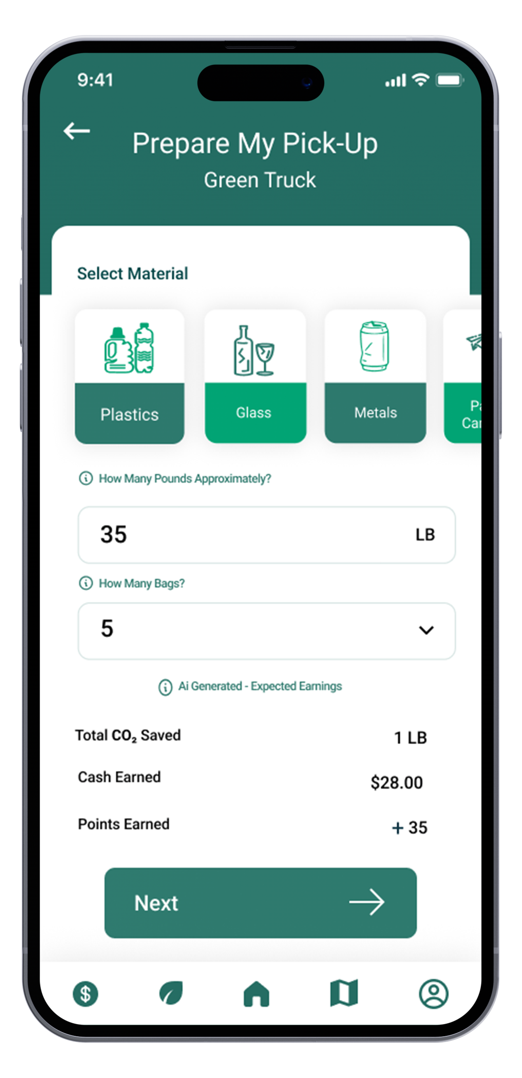 Mobile app screen showing options to prepare for a pickup of a green truck with selection for glass material, estimating 35 pounds and 5 bags, with details for CO2 saved, cash earned, and points earned.