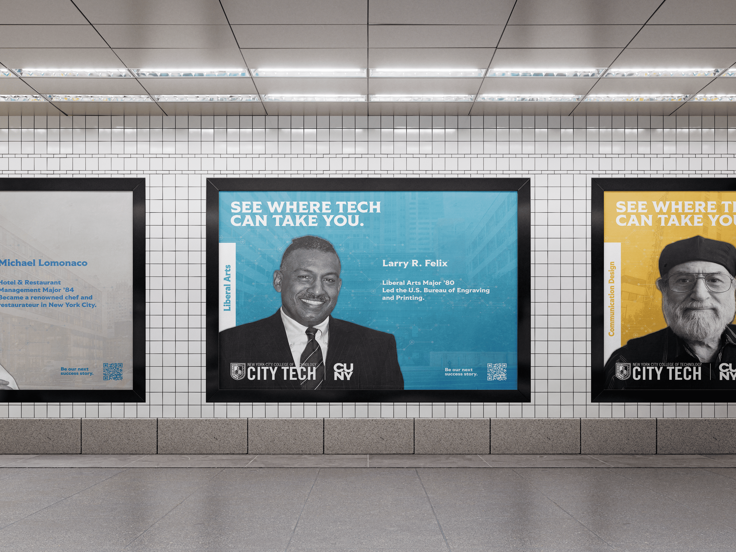 Advertisement posters featuring individuals at City Tech, with a blue poster of a man in a suit and tie labeled Larry R. Felix, and a yellow poster of an older man with a beard wearing glasses and a hat.
